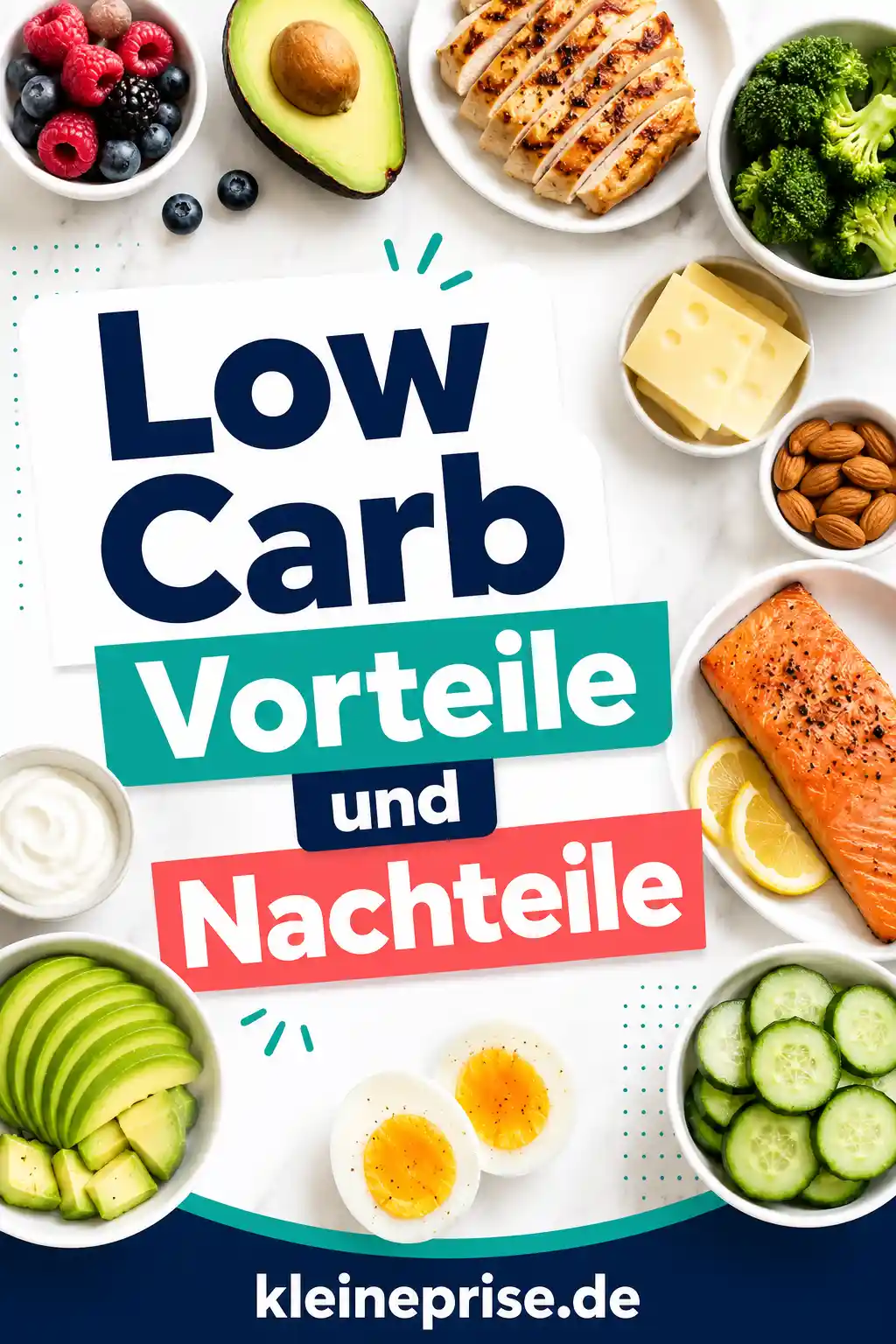 Low Carb Vorteile und Nachteile Pinterest Pin Pinterest-Grafik mit dem Schriftzug Low Carb Vorteile und Nachteile, passenden Low-Carb-Lebensmitteln und dem Webseitennamen kleineprise.de.