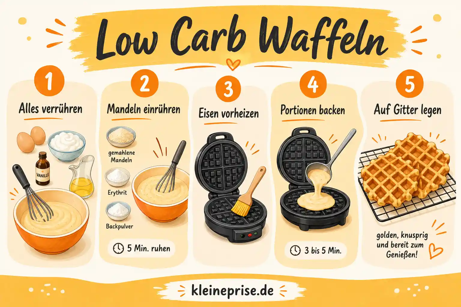 Low Carb Waffeln Schritt für Schritt Schritt für Schritt Grafik zur Zubereitung von Low Carb Waffeln