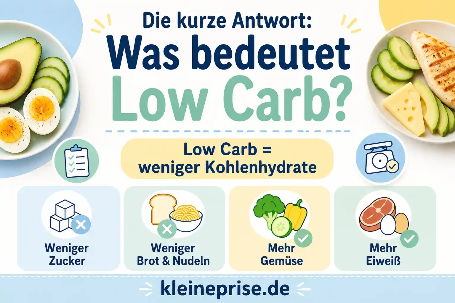 Die kurze Antwort: Was bedeutet Low Carb? Infografik erklärt einfach, was Low Carb bedeutet: weniger Kohlenhydrate, mehr Gemüse und mehr Eiweiß.