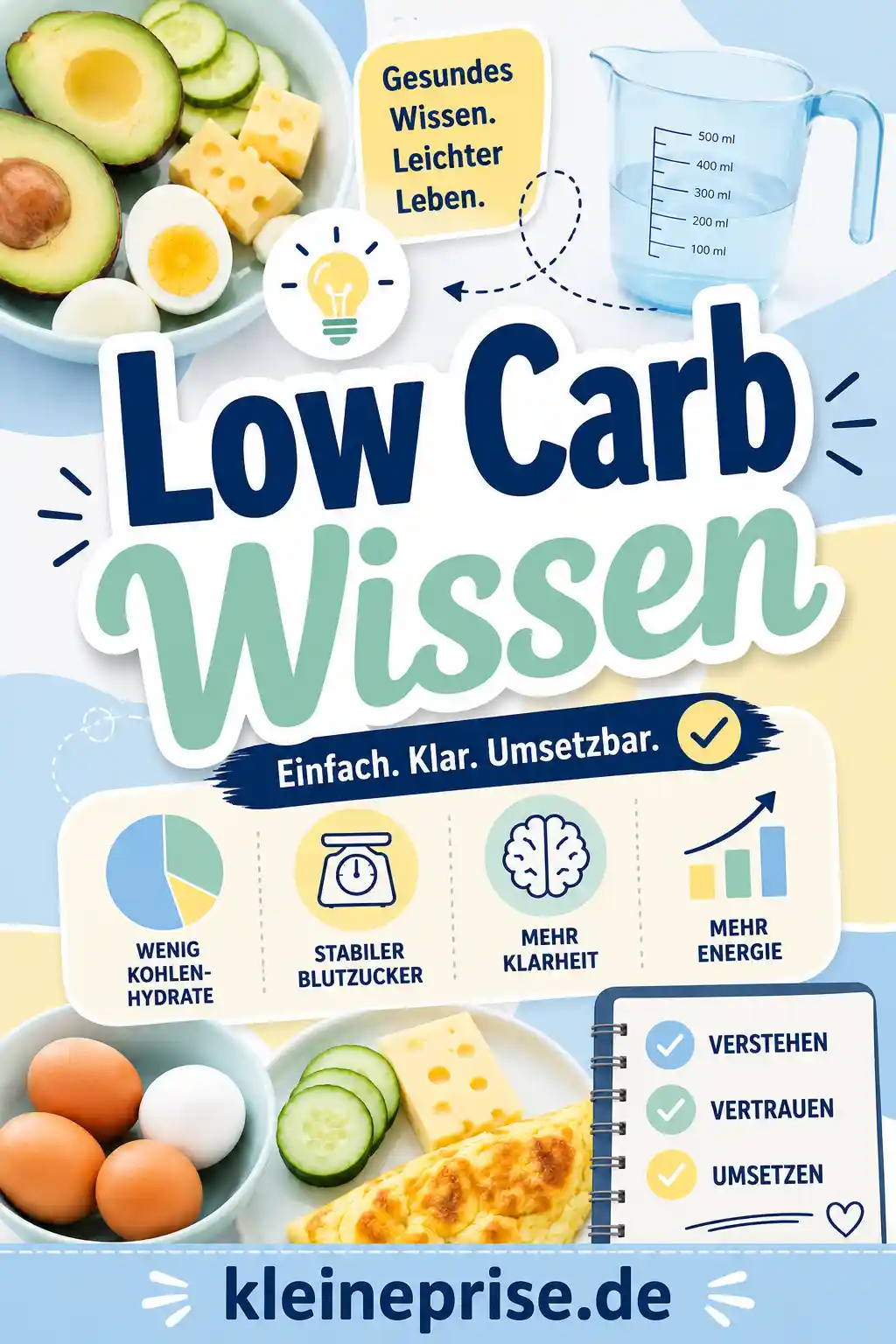 Low Carb Wissen Pinterest Pin Pinterest-Grafik zum Thema Low Carb Wissen mit großer Überschrift, freundlichem Layout und typischen Low-Carb-Lebensmitteln.