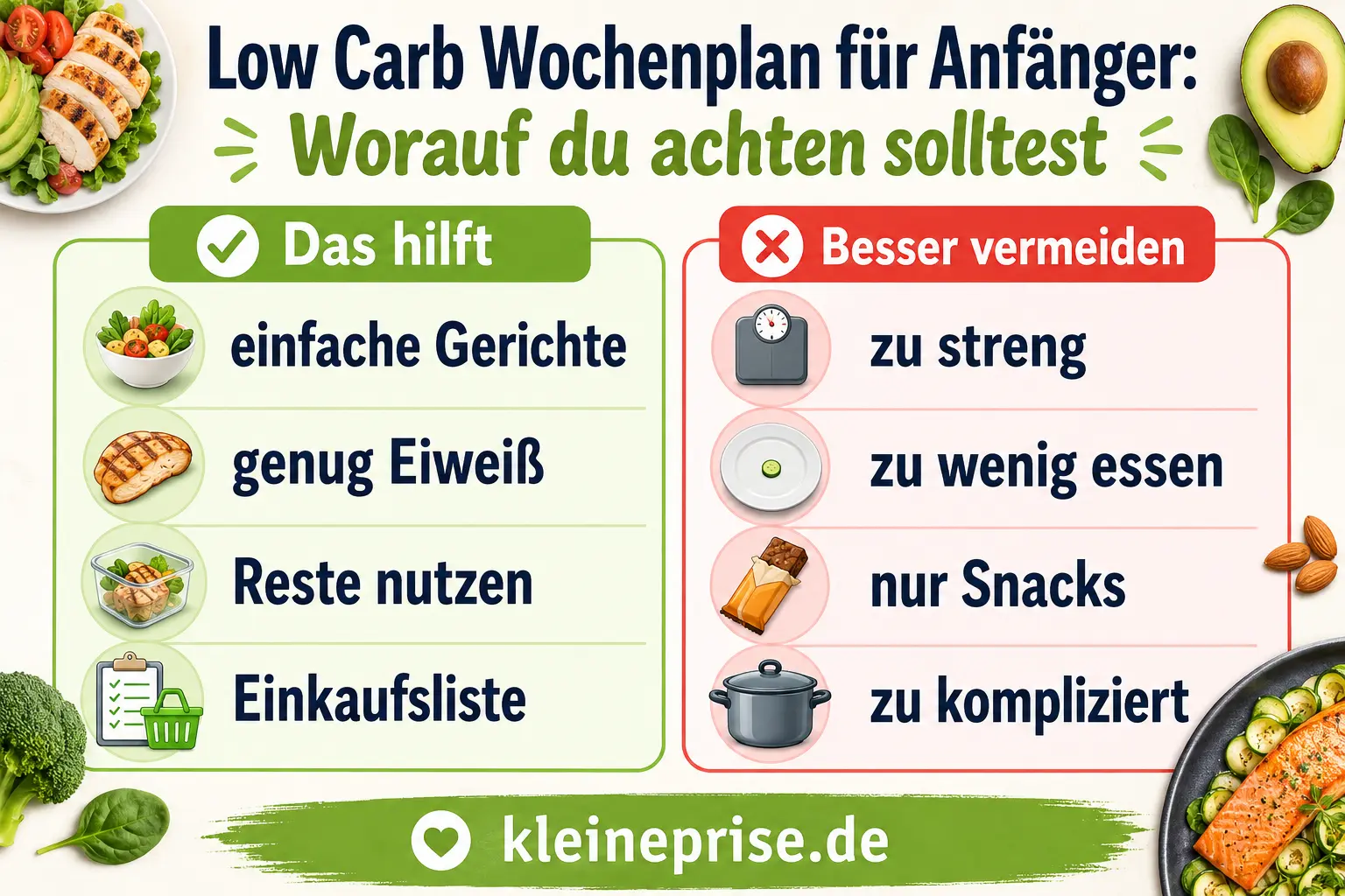 Low Carb Wochenplan für Anfänger Tipps Infografik erklärt, worauf Anfänger beim Low Carb Wochenplan achten sollten, mit Tipps wie einfache Gerichte, genug Eiweiß, Reste nutzen und Einkaufsliste.