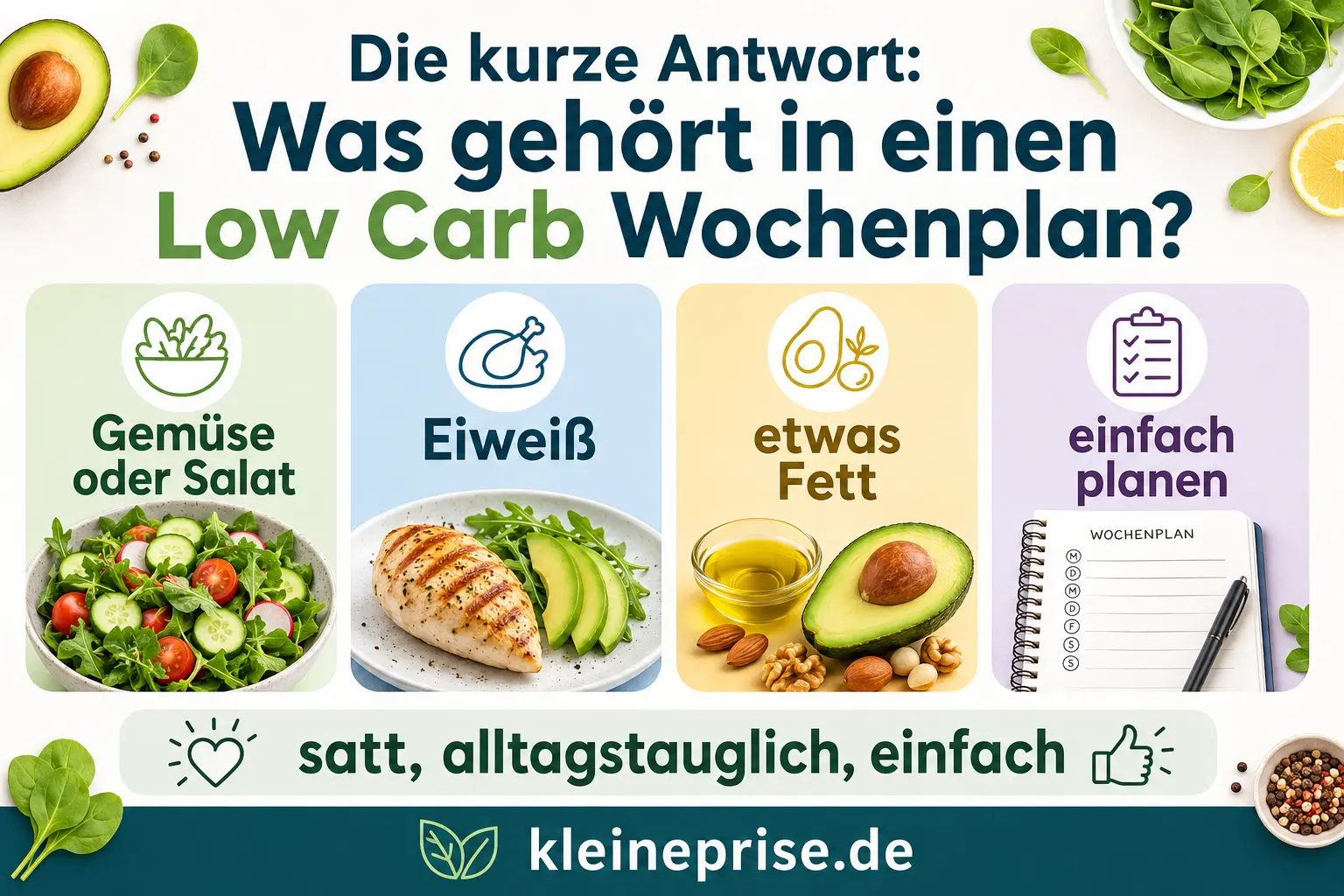 Was gehört in einen Low Carb Wochenplan Infografik erklärt, was in einen Low Carb Wochenplan gehört: Gemüse oder Salat, Eiweiß, etwas Fett und einfache Planung.