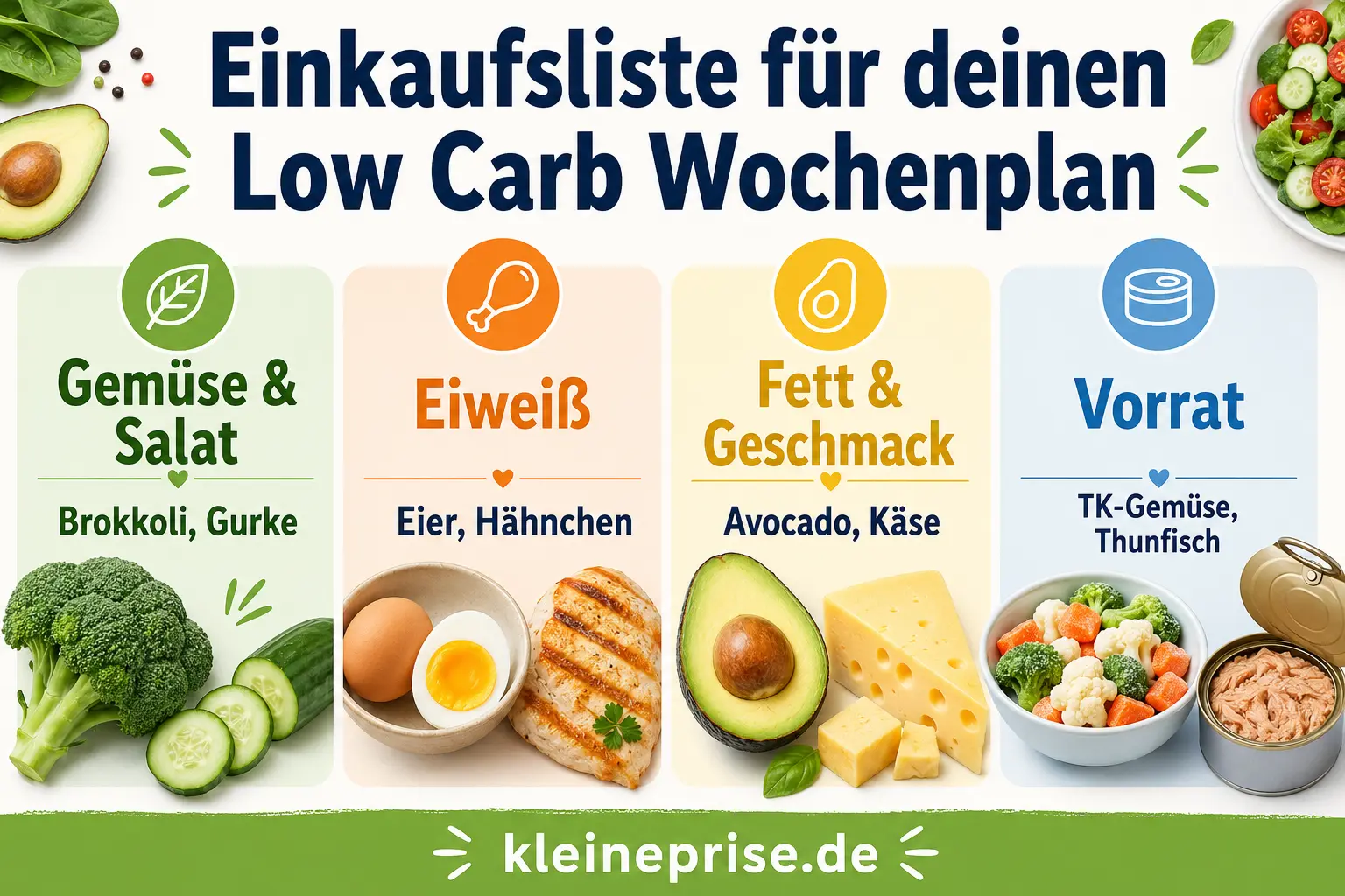 Einkaufsliste für deinen Low Carb Wochenplan Infografik zeigt eine Einkaufsliste für den Low Carb Wochenplan mit Gemüse, Salat, Eiweiß, Fett, Geschmack und Vorräten.
