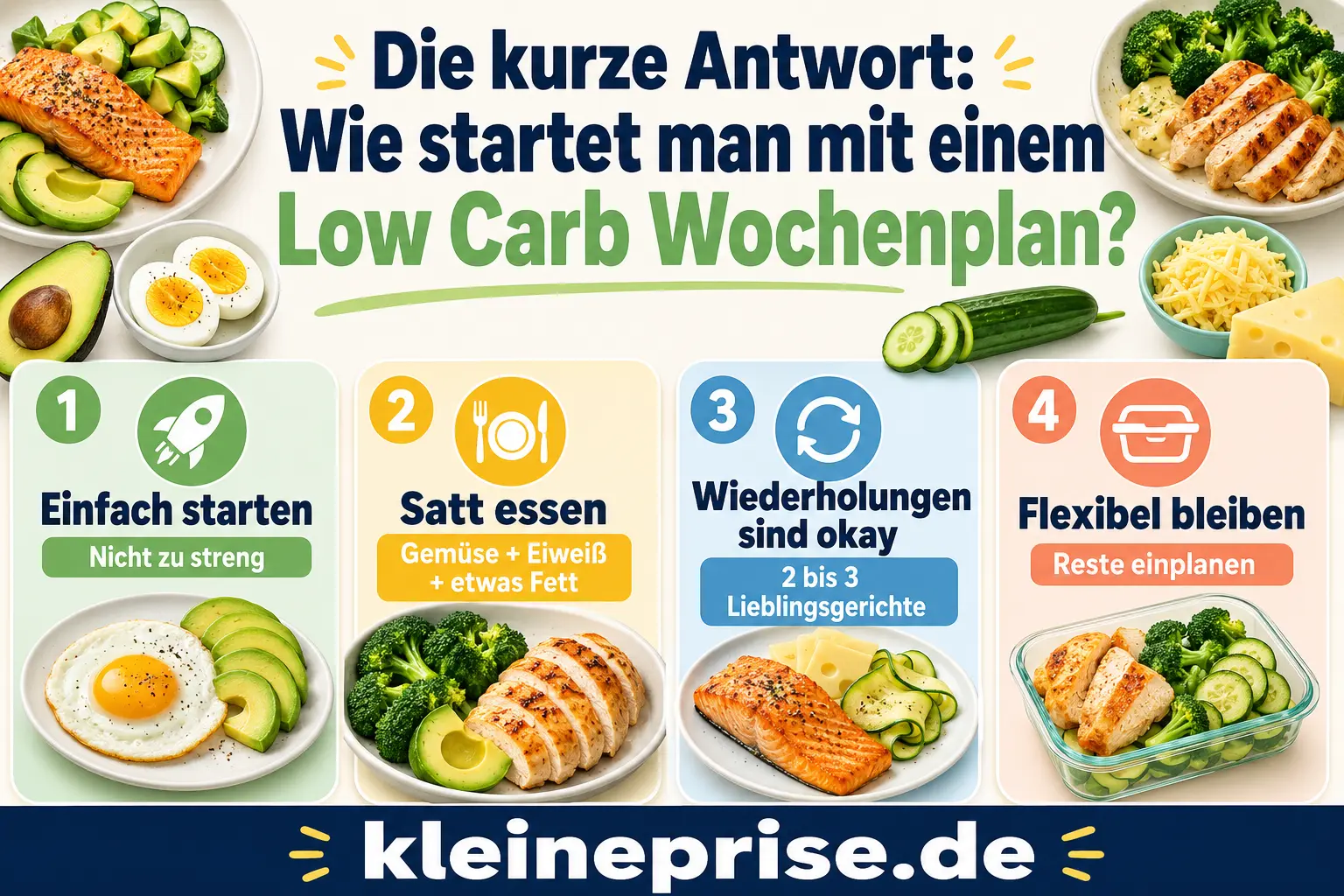 Wie startet man mit einem Low Carb Wochenplan Infografik erklärt, wie man mit einem Low Carb Wochenplan startet: einfach anfangen, satt essen, Wiederholungen nutzen und flexibel bleiben.