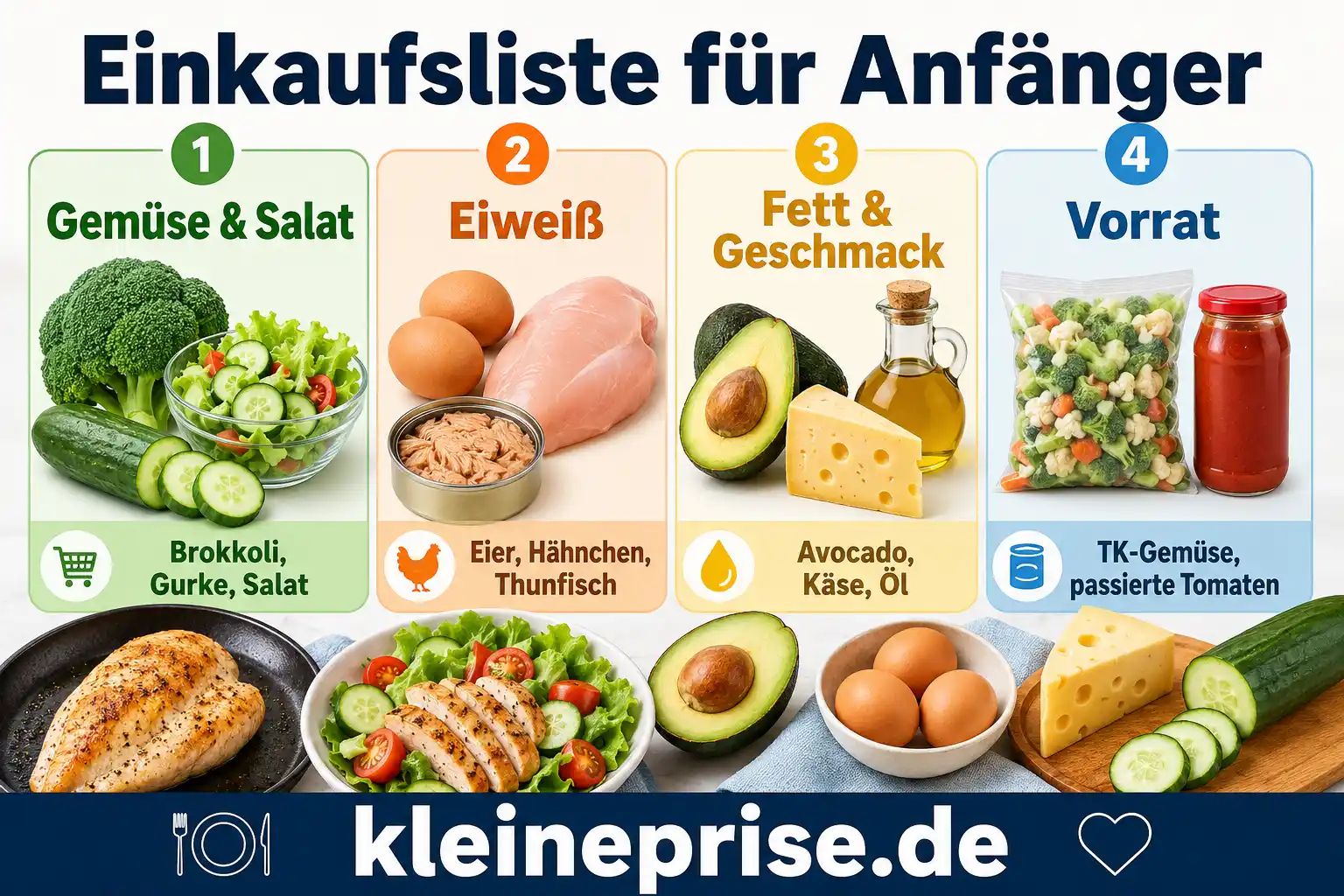 Einkaufsliste für Low Carb Anfänger Infografik zeigt eine Einkaufsliste für Low Carb Anfänger mit Gemüse und Salat, Eiweiß, Fett und Geschmack sowie Vorräten.