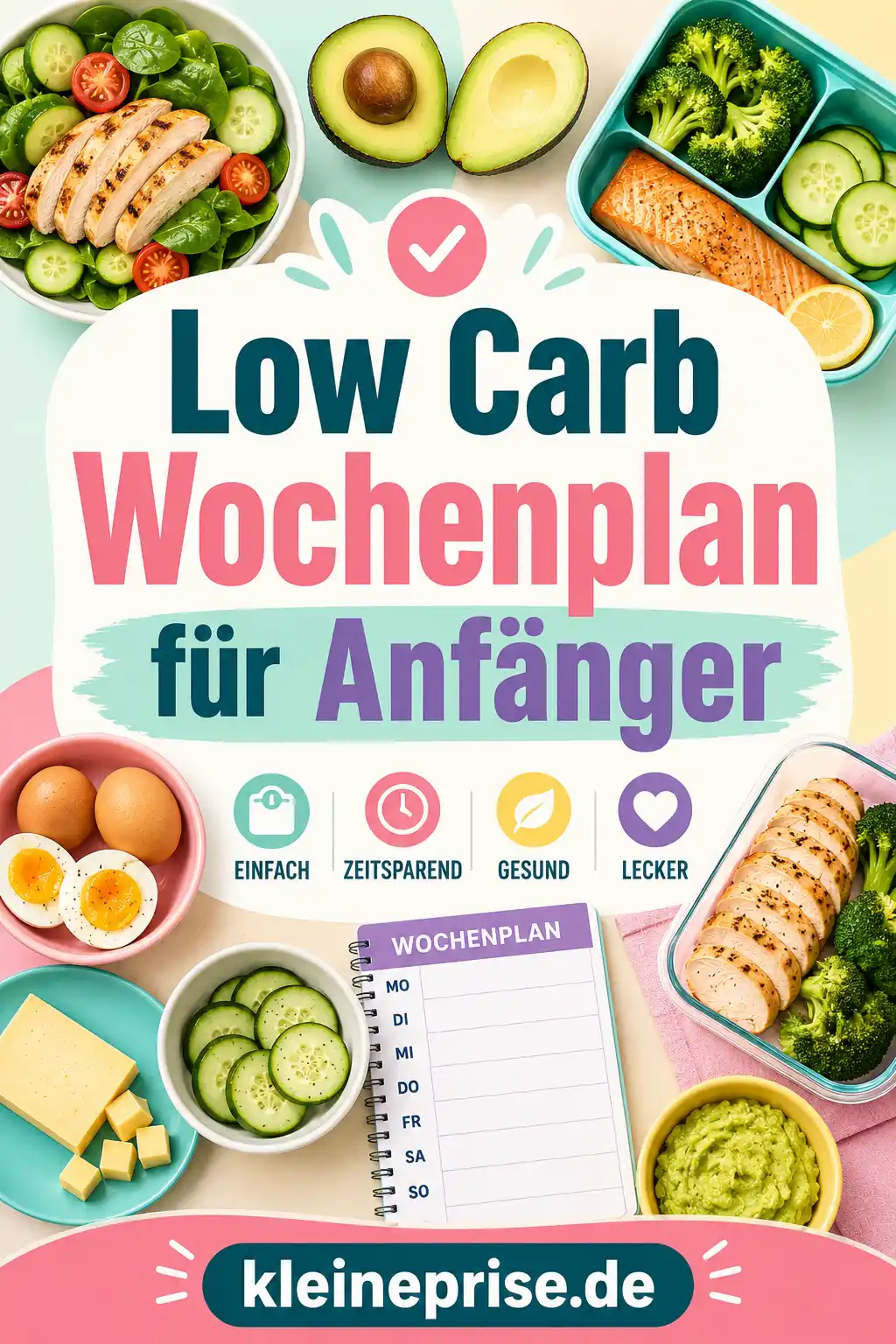 Low Carb Wochenplan für Anfänger Pinterest Pin Pinterest-Grafik mit dem Schriftzug Low Carb Wochenplan für Anfänger, Low-Carb-Lebensmitteln, Wochenplan-Elementen und dem Webseitennamen kleineprise.de.