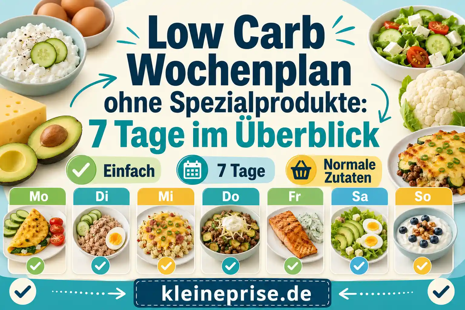 Low Carb Wochenplan ohne Spezialprodukte: 7 Tage im Überblick Infografik zeigt einen Low Carb Wochenplan ohne Spezialprodukte mit 7 Tagen im Überblick und einfachen Mahlzeiten aus normalen Zutaten.