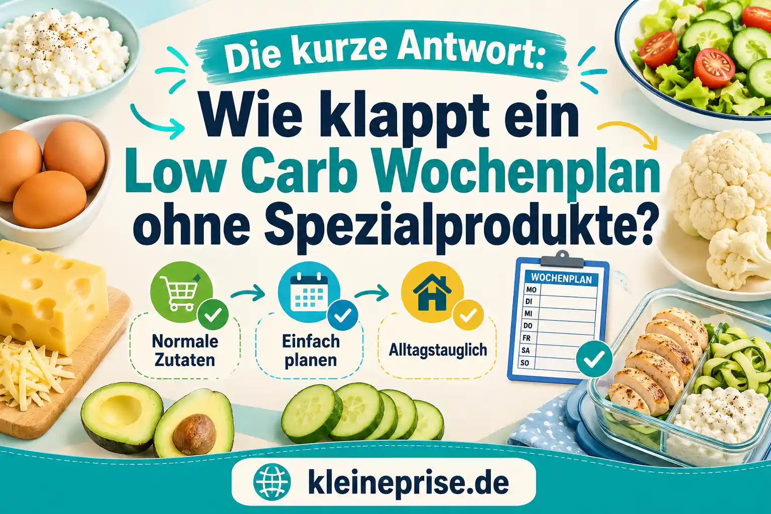 Die kurze Antwort: Wie klappt ein Low Carb Wochenplan ohne Spezialprodukte? Infografik erklärt, wie ein Low Carb Wochenplan ohne Spezialprodukte klappt: mit normalen Zutaten, einfacher Planung und alltagstauglichen Mahlzeiten.