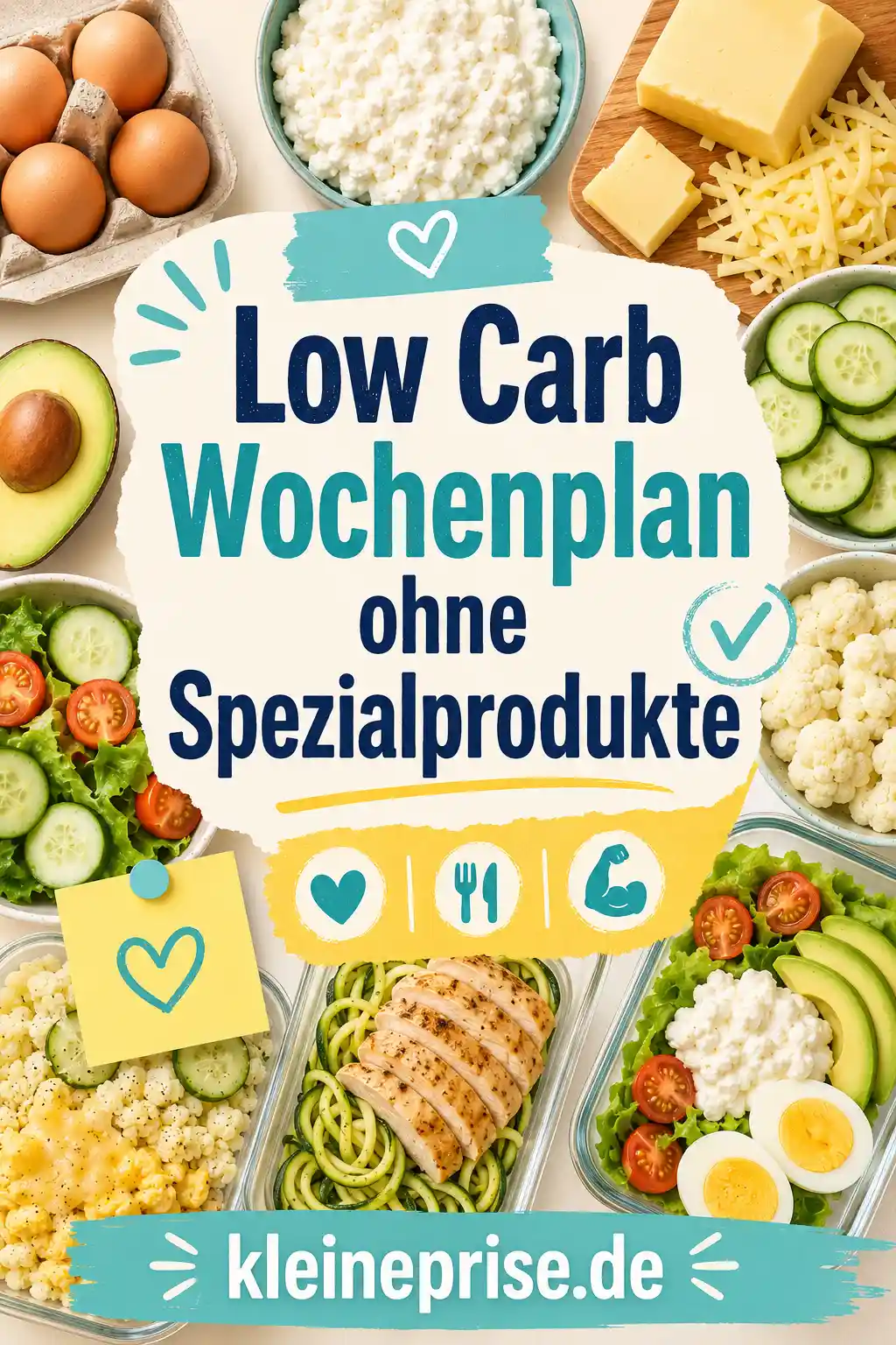 Low Carb Wochenplan ohne Spezialprodukte Pinterest Pin Pinterest-Grafik mit dem Schriftzug Low Carb Wochenplan ohne Spezialprodukte, einfachen Low-Carb-Mahlzeiten und dem Webseitennamen kleineprise.de.