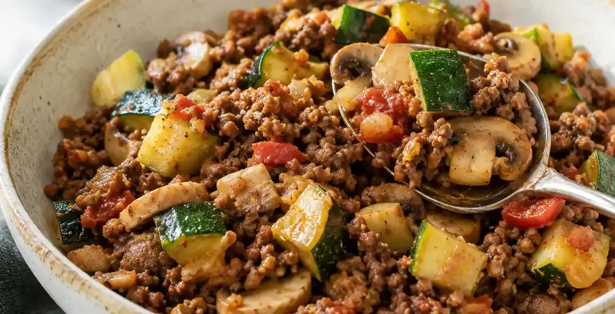 Low Carb Zucchini-Hackfleisch-Pfanne mit Champignons und Tomaten