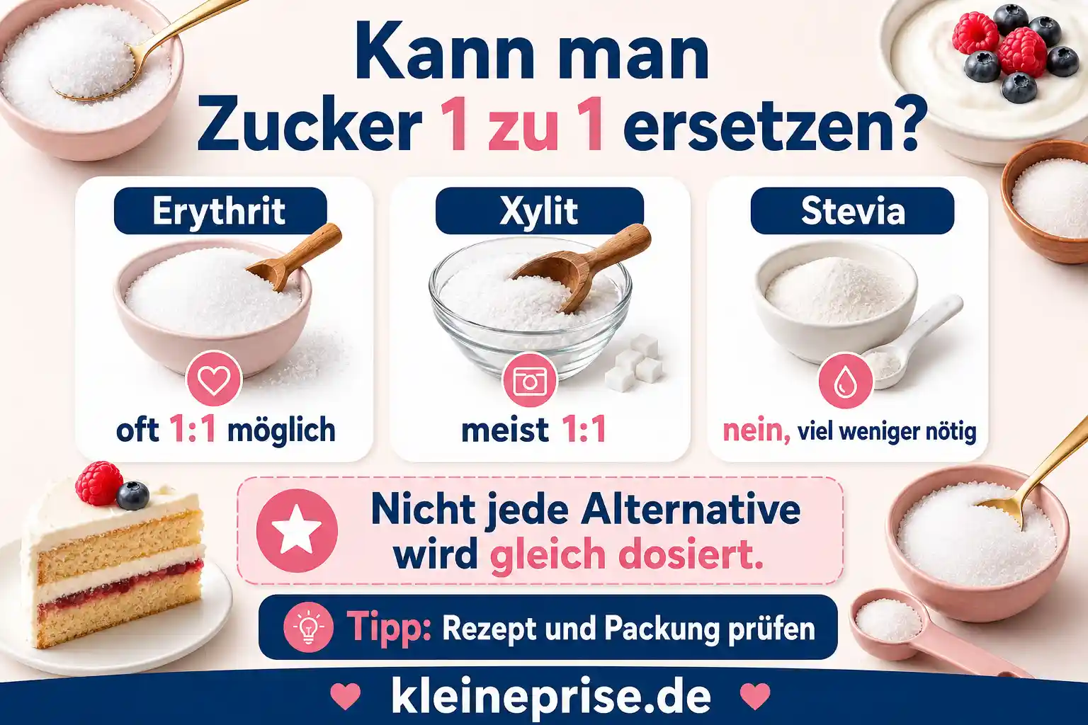 Kann man Zucker 1 zu 1 ersetzen? Infografik erklärt, ob Zucker 1 zu 1 ersetzt werden kann, mit Erythrit, Xylit und Stevia im Vergleich.