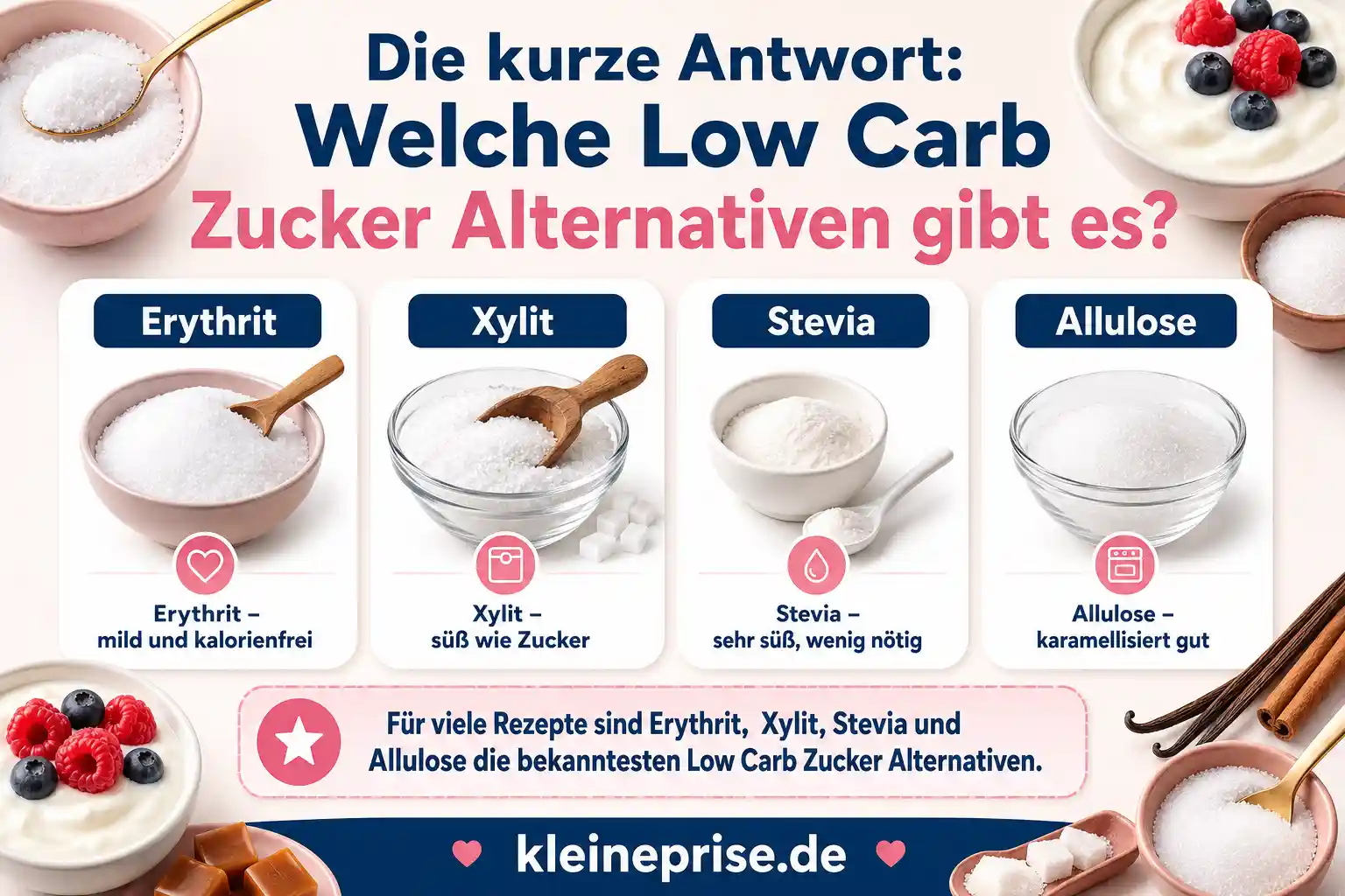 Welche Low Carb Zucker Alternativen gibt es? Infografik zeigt Low Carb Zucker Alternativen wie Erythrit, Xylit, Stevia und Allulose mit kurzen Hinweisen zur Verwendung.