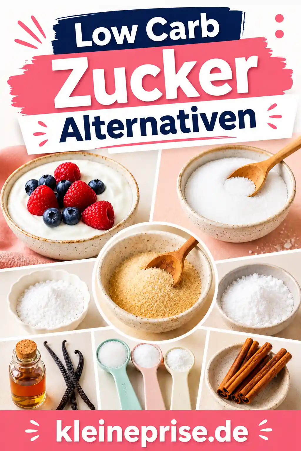 Low Carb Zucker Alternativen Pinterest Pin Pinterest-Grafik mit dem Schriftzug Low Carb Zucker Alternativen, verschiedenen Süßungsmitteln, Joghurt, Beeren, Vanille, Zimt und dem Webseitennamen kleineprise.de.
