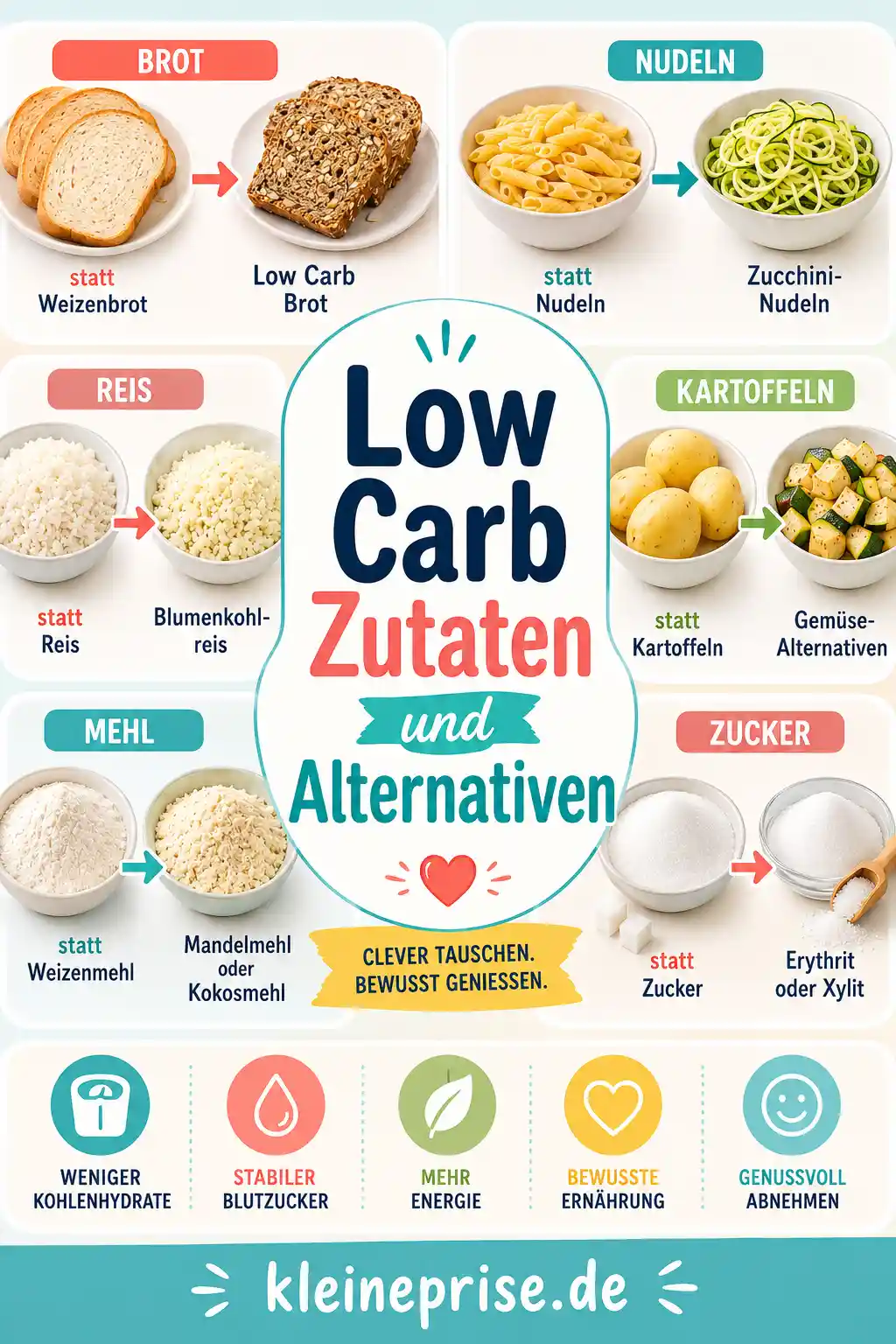 Low Carb Zutaten und Alternativen Pinterest Pin Pinterest-Grafik zum Thema Low Carb Zutaten und Alternativen mit auffälliger Überschrift und praktischen Tauschideen für Brot, Nudeln, Reis, Kartoffeln, Mehl und Zucker.