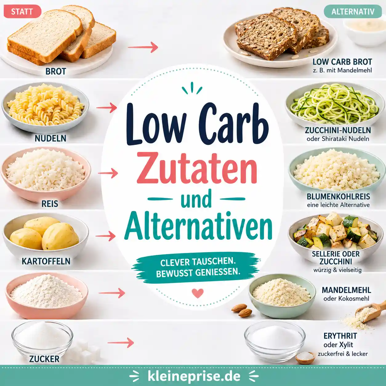 Low Carb Zutaten und Alternativen: Einfach ersetzen im Alltag Low Carb Zutaten und Alternativen: Einfach ersetzen im Alltag | Kleine Prise