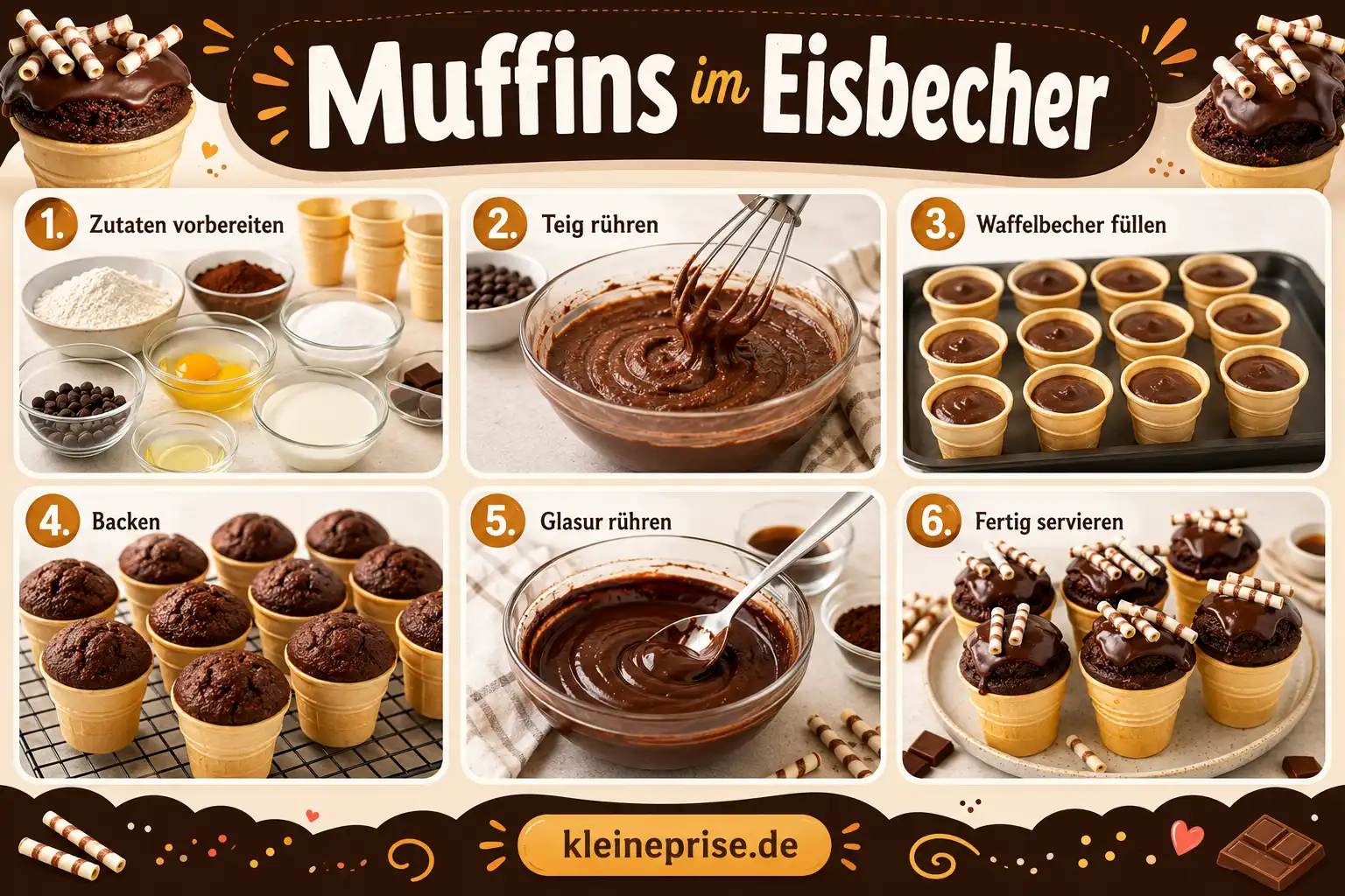 Muffins im Eisbecher Schritt für Schritt Anleitung Schritt für Schritt Anleitung für Muffins im Eisbecher mit Teig, Waffelbechern, Backen und Glasur