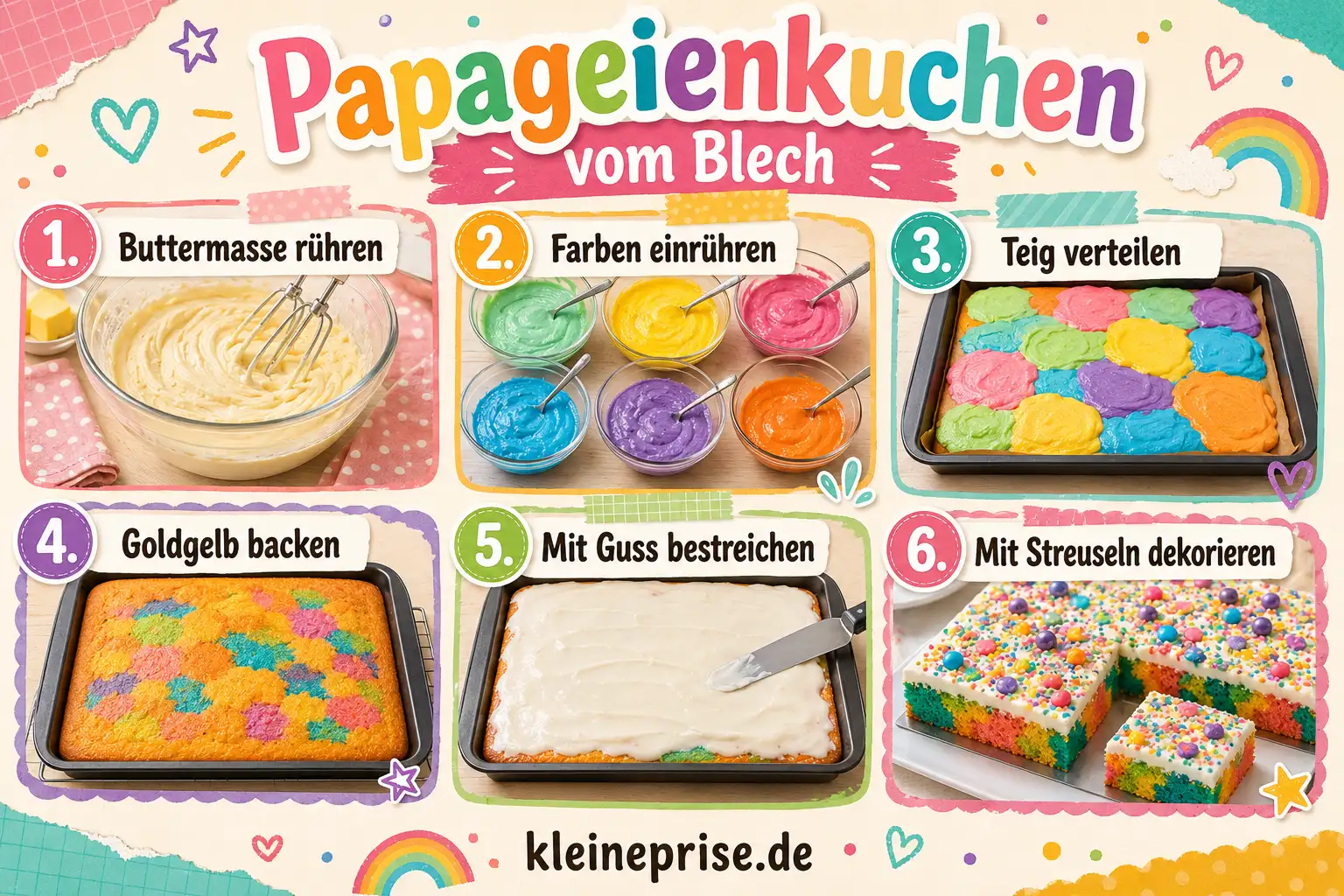 Papageienkuchen vom Blech Schritt für Schritt Schritt für Schritt Anleitung für Papageienkuchen vom Blech mit sechs Zubereitungsschritten