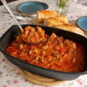 Pfund zu Pfundpfanne nach Omas Rezept im Bräter mit Fleisch, Paprika, Tomaten und cremiger Soße