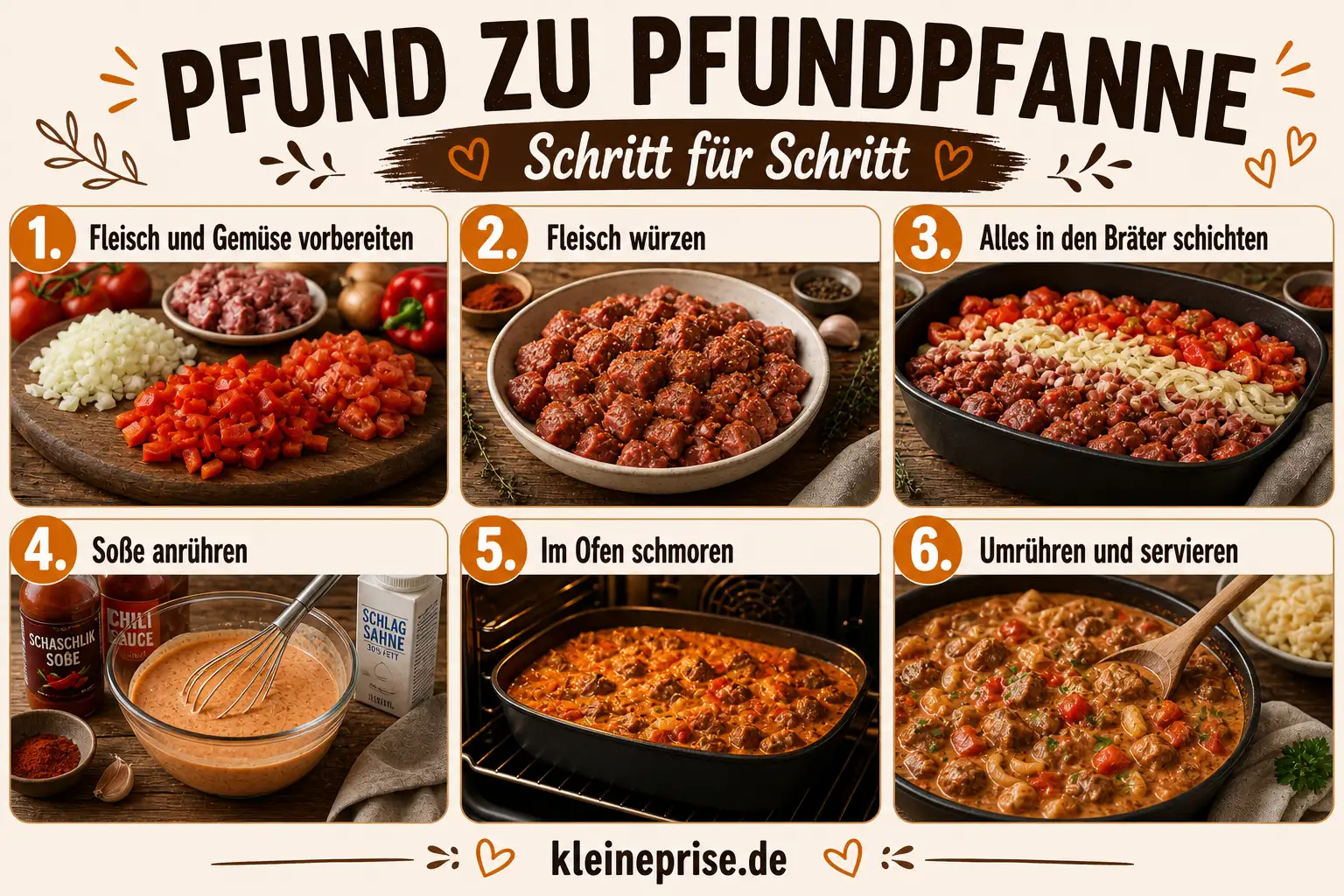 Pfund zu Pfundpfanne Schritt für Schritt Anleitung Schritt für Schritt Anleitung für Pfund zu Pfundpfanne mit sechs Bildern von Vorbereitung bis Servieren