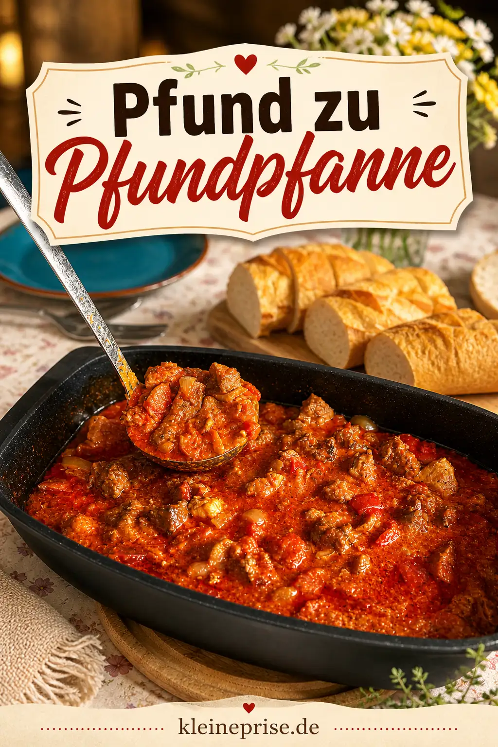 Pinterest: Pfund zu Pfundpfanne Pinterest: Bild zur Pfund zu Pfundpfanne mit großem Schriftzug, Bräter, würziger Soße und Brot im Hintergrund