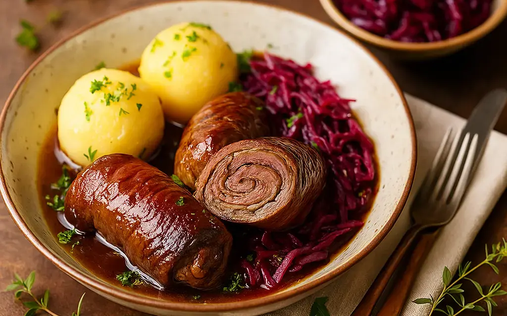 Rinderrouladen mit Rotkohl und Kartoffelklößen