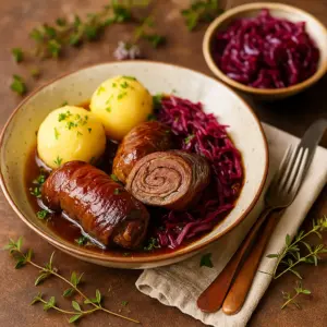 Rinderrouladen mit Rotkohl und Kartoffelklößen