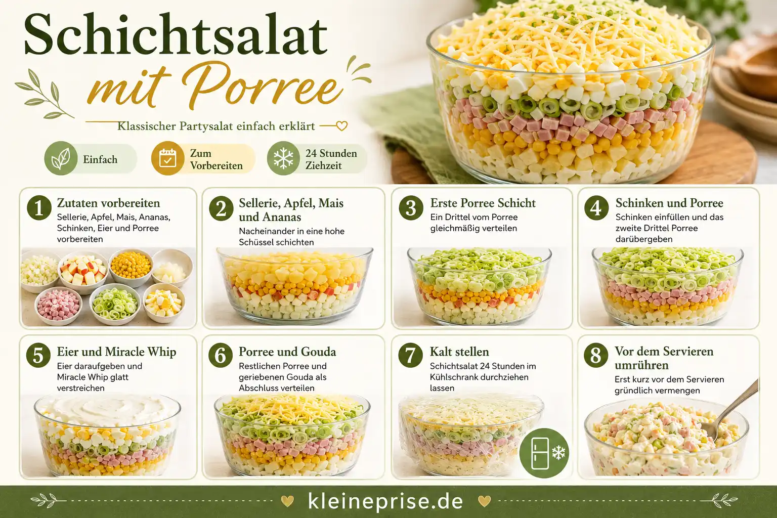 Schichtsalat mit Porree Schritt für Schritt Anleitung Schritt für Schritt Anleitung für Schichtsalat mit Porree mit acht nummerierten Zubereitungsschritten