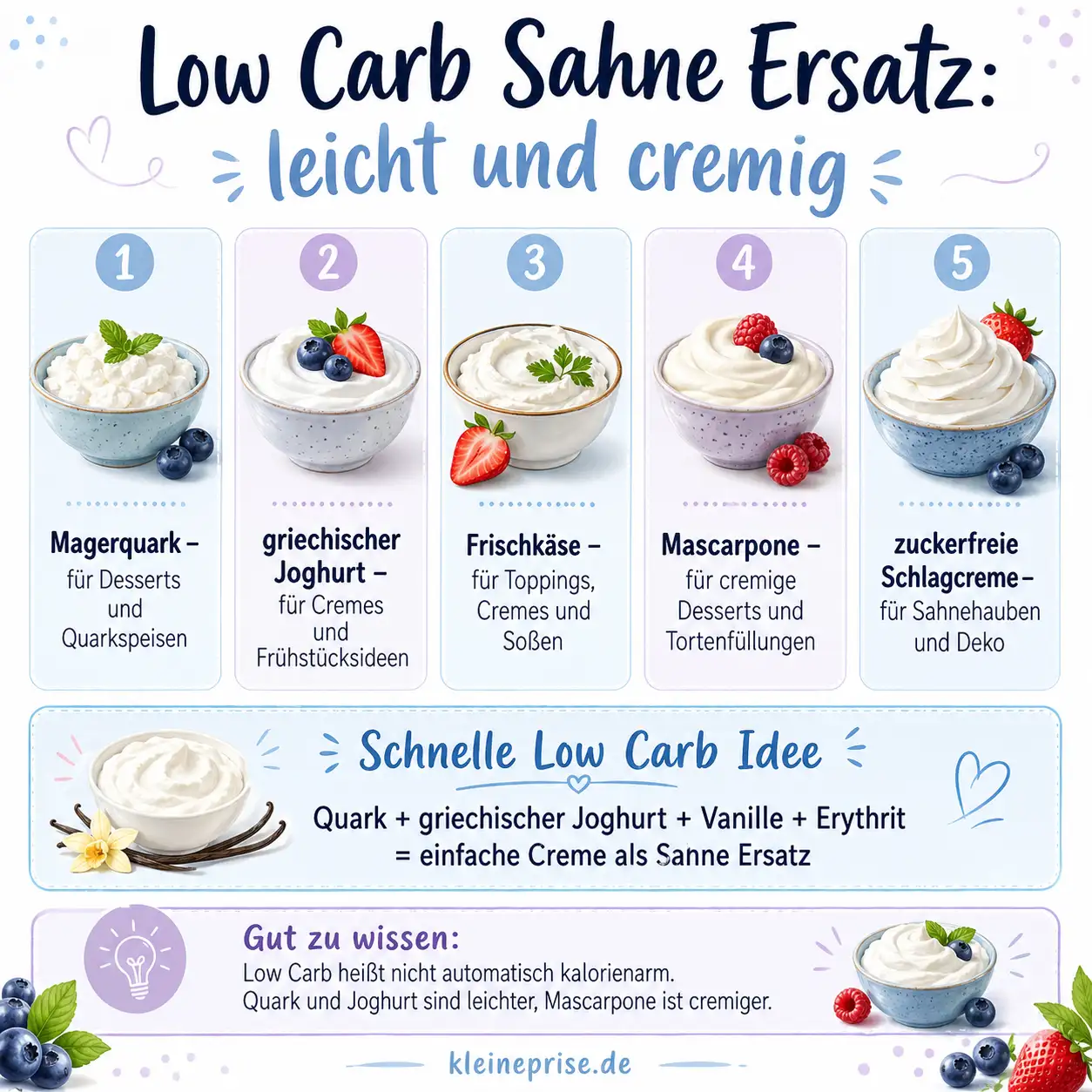 Low Carb Sahne Ersatz: leicht und cremig Infografik mit Low Carb Alternativen zu Schlagsahne wie Magerquark, griechischem Joghurt, Frischkäse, Mascarpone und zuckerfreier Schlagcreme.