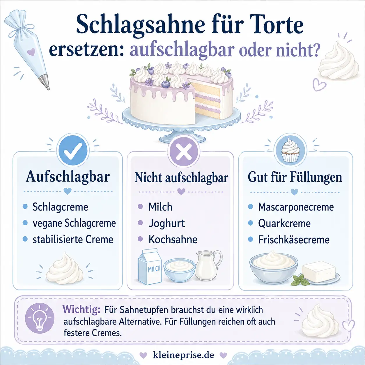 Schlagsahne für Torte ersetzen: aufschlagbar oder nicht? Infografik darüber, welche Alternativen zu Schlagsahne sich für Torten, Sahnetupfen und Füllungen eignen.