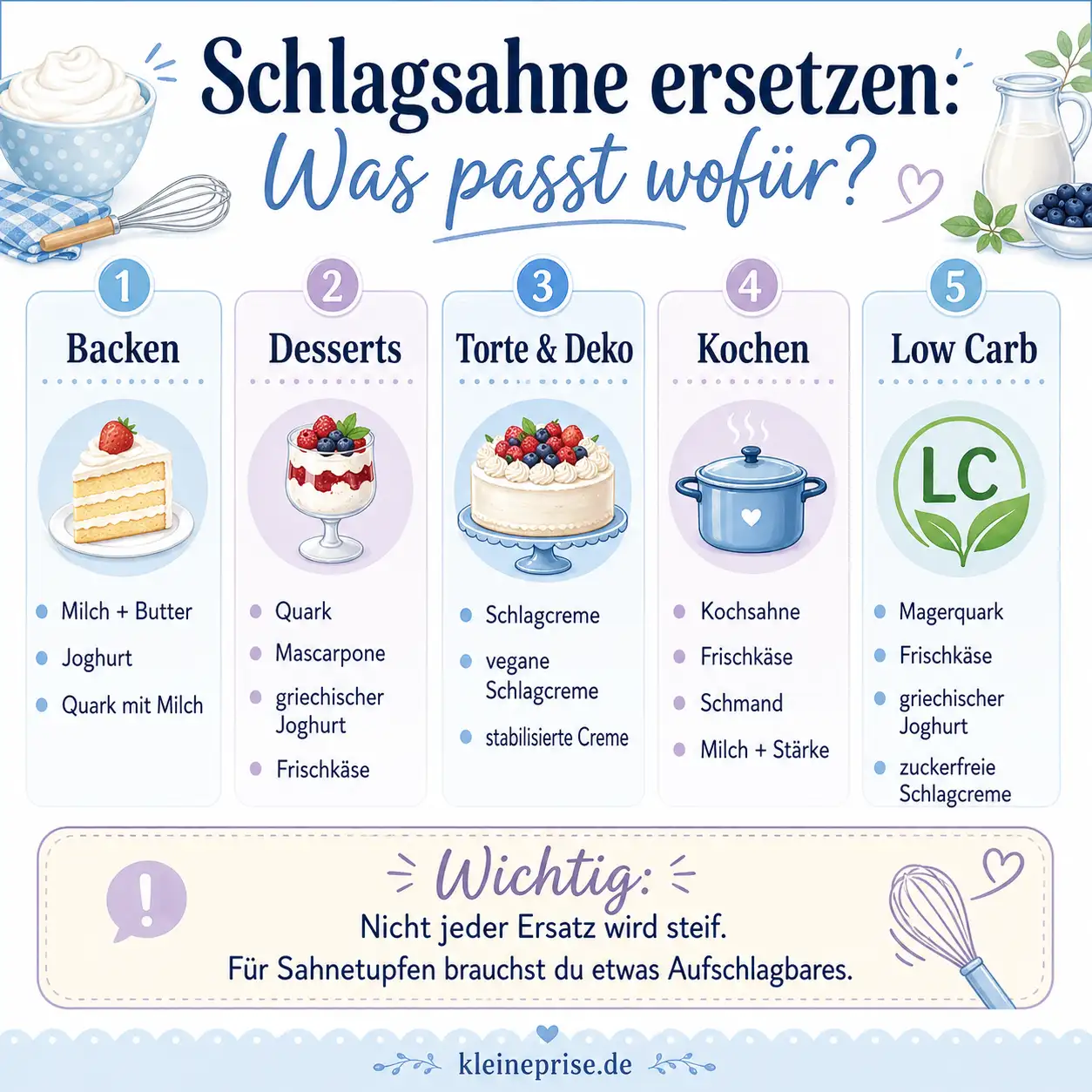 Schlagsahne ersetzen: Was passt wofür? Infografik mit Übersicht, welcher Ersatz für Schlagsahne beim Backen, für Desserts, Torten, Kochen und Low Carb passt.