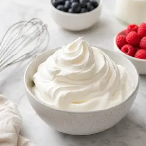 Schale mit cremiger Keto Schlagsahne, Schneebesen und Beeren im Hintergrund.