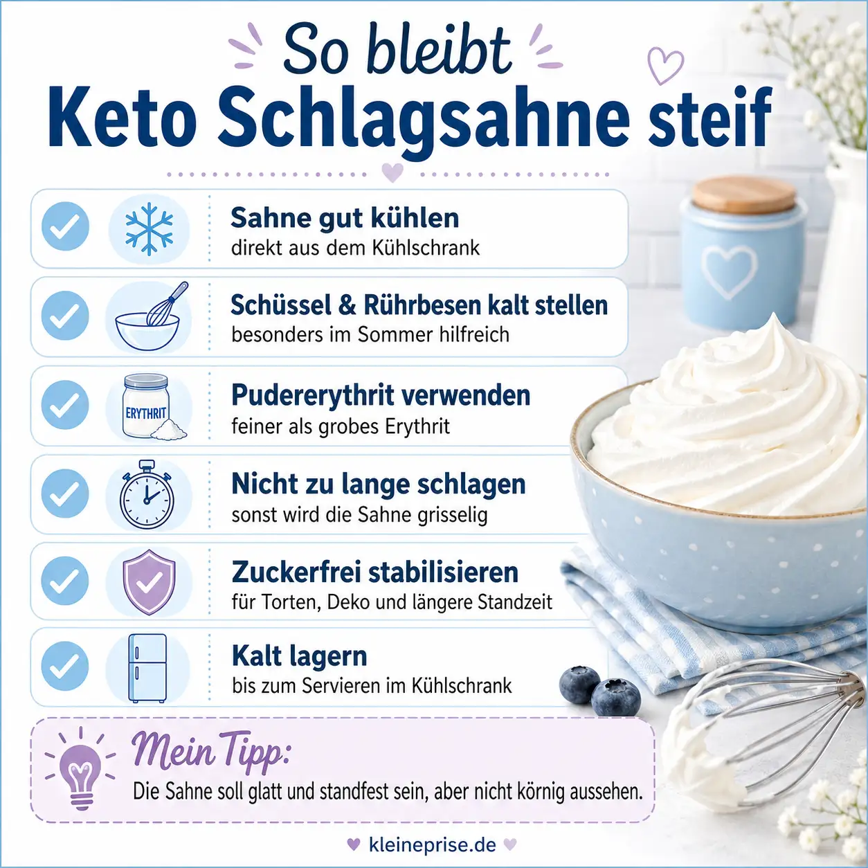 So bleibt Keto Schlagsahne steif Infografik mit Tipps, damit Keto Schlagsahne ohne Zucker steif bleibt und nicht grisselig wird.