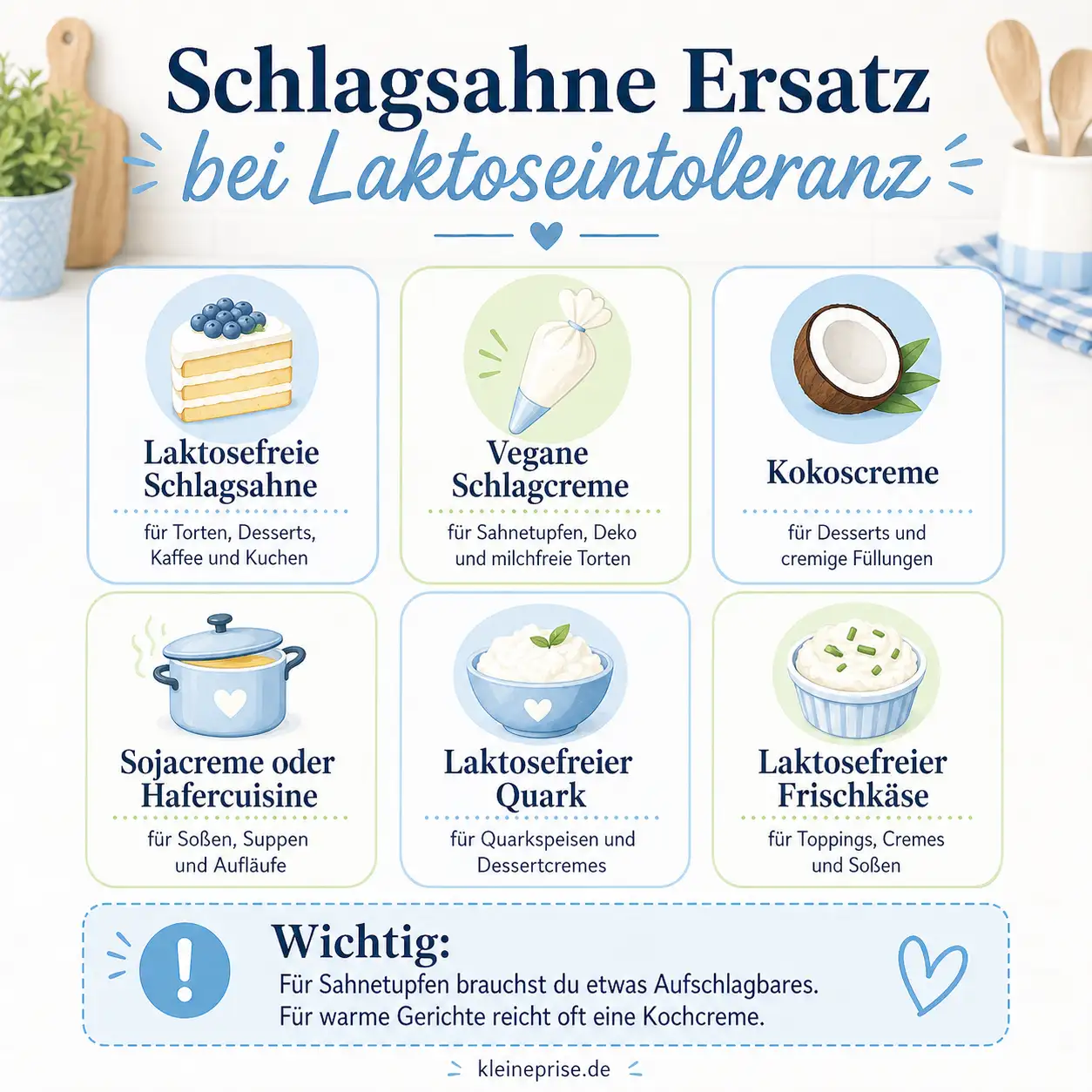 Schlagsahne Ersatz bei Laktoseintoleranz Infografik mit Alternativen zu Schlagsahne bei Laktoseintoleranz, darunter laktosefreie Schlagsahne, vegane Schlagcreme, Kokoscreme und Hafercuisine.