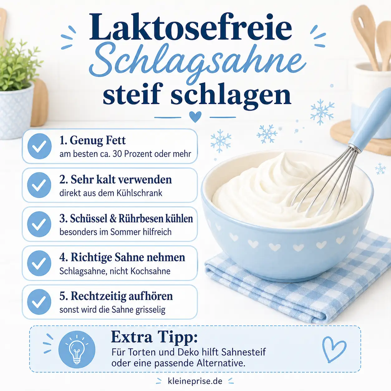 Laktosefreie Schlagsahne steif schlagen Infografik mit Tipps, wie laktosefreie Schlagsahne steif wird und worauf man beim Aufschlagen achten sollte.