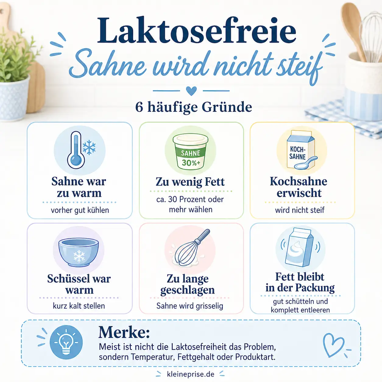 Laktosefreie Sahne wird nicht steif: 6 häufige Gründe Infografik zeigt sechs häufige Gründe, warum laktosefreie Schlagsahne nicht steif wird.