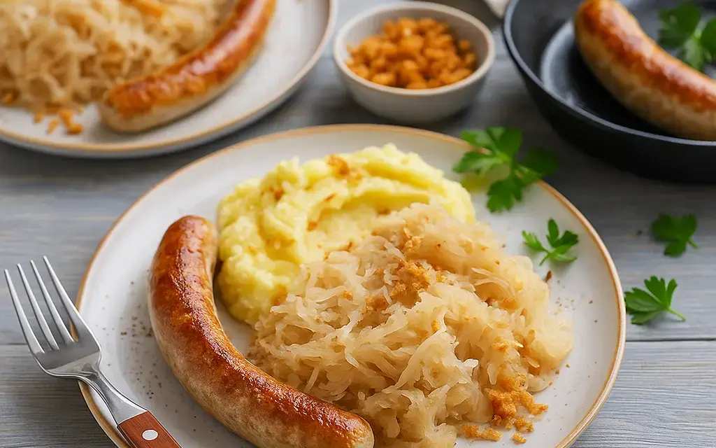 Thüringer Rostbratwurst mit Kartoffelpüree und Sauerkraut