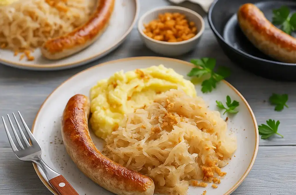 Thüringer Rostbratwurst mit Kartoffelpüree und Sauerkraut