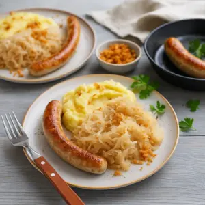 Thüringer Rostbratwurst mit Kartoffelpüree und Sauerkraut