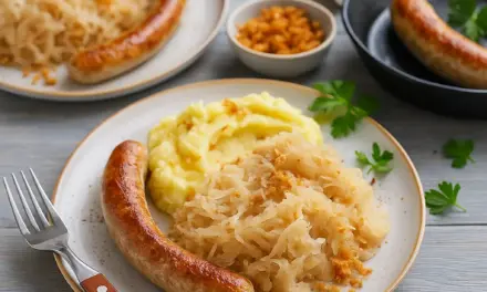 Thüringer Rostbratwurst mit Kartoffelpüree und Sauerkraut