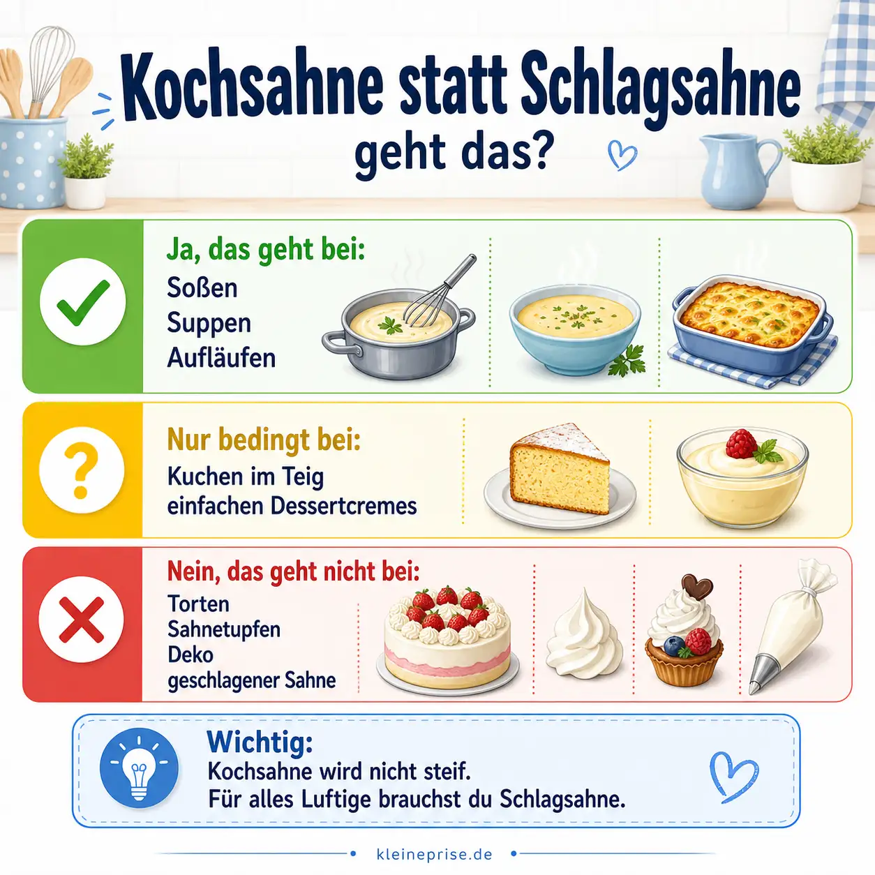 Kochsahne statt Schlagsahne: geht das? Infografik zeigt, wann Kochsahne statt Schlagsahne funktioniert und wann nicht.