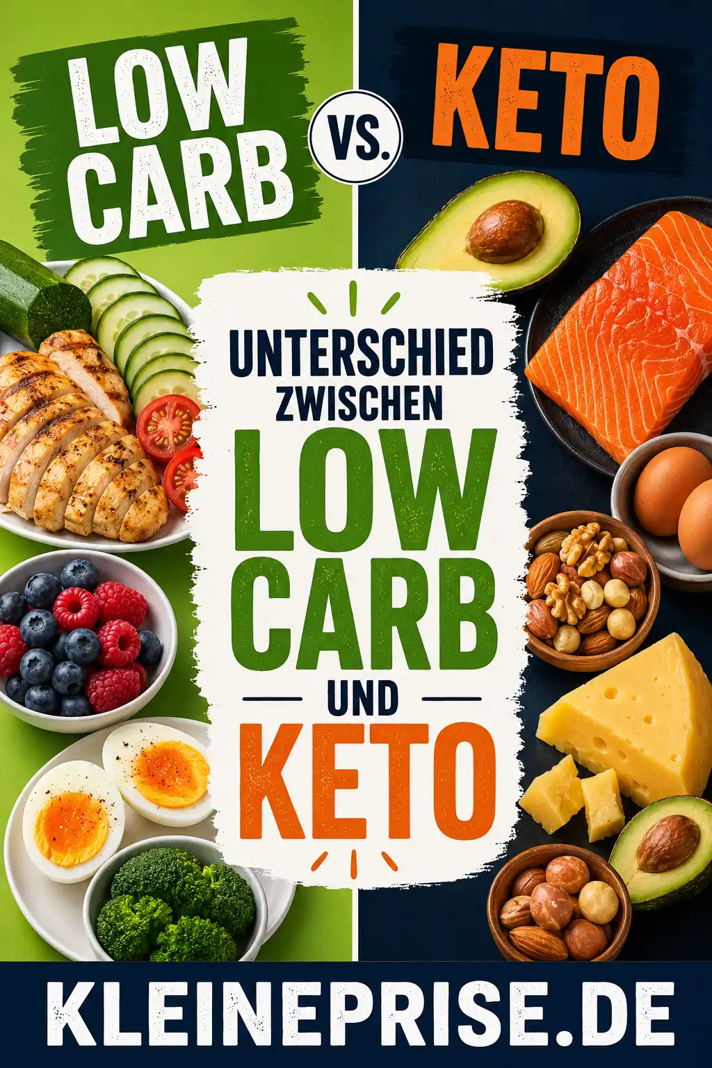 Unterschied zwischen Low Carb und Keto Pinterest Pinterest-Grafik zum Unterschied zwischen Low Carb und Keto mit Vergleich von passenden Lebensmitteln