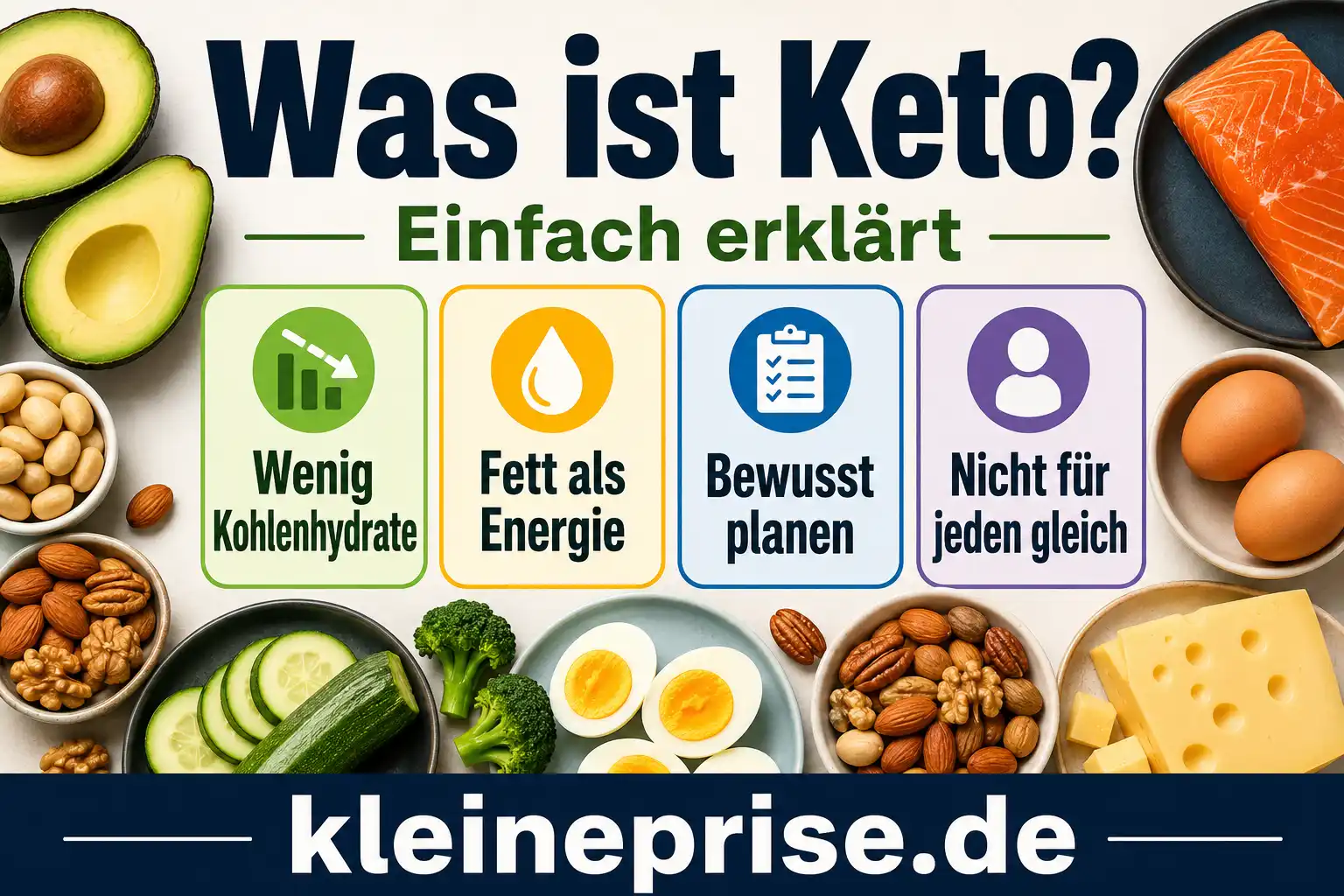 Was ist Keto? Infografik: Was ist Keto mit wenig Kohlenhydraten, mehr Fett, Eiweiß in Maßen und typischen Keto-Lebensmitteln