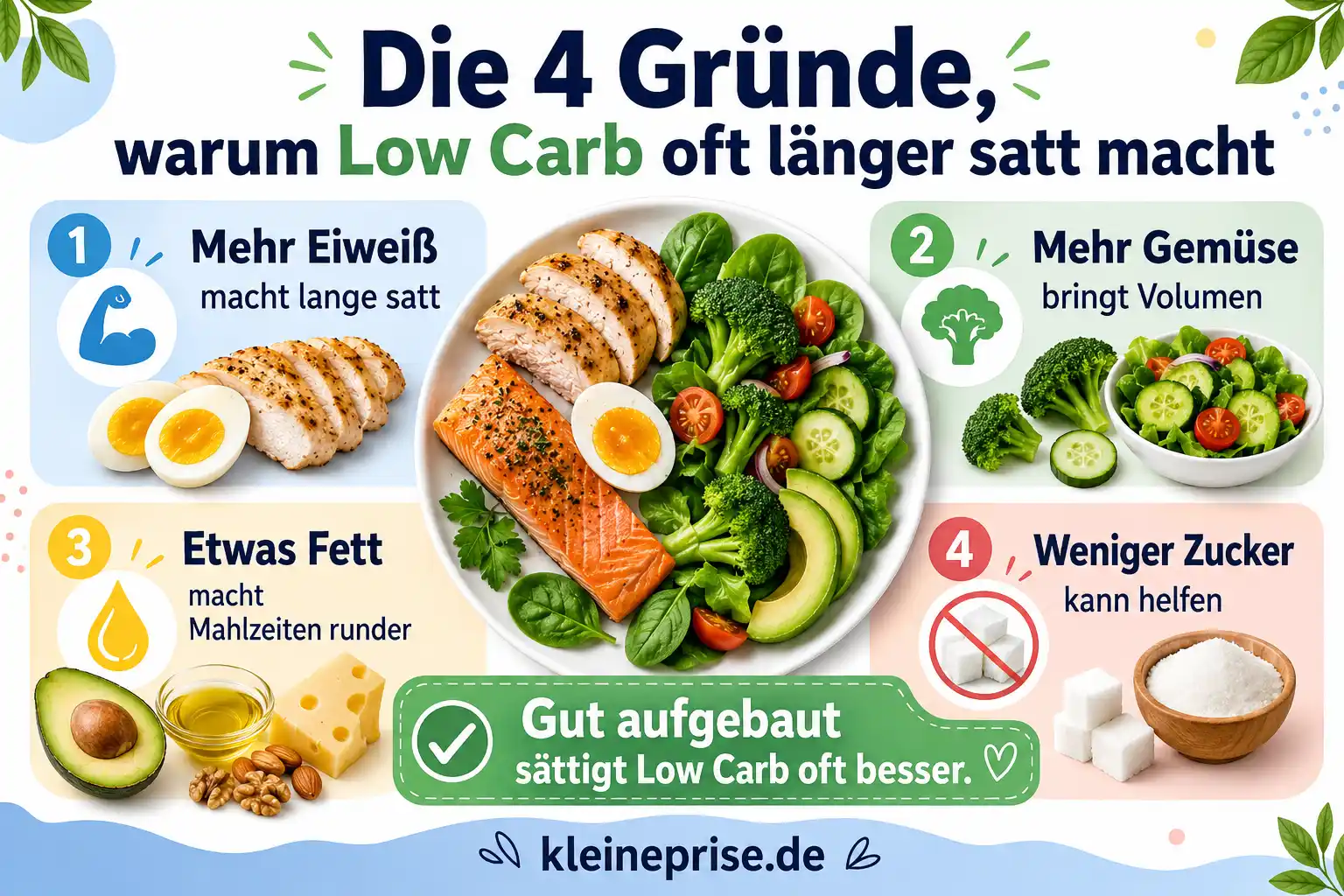 Die 4 Gründe warum Low Carb oft länger satt macht Infografik zeigt die 4 Gründe, warum Low Carb oft länger satt macht: mehr Eiweiß, mehr Gemüse, etwas Fett und weniger Zucker.
