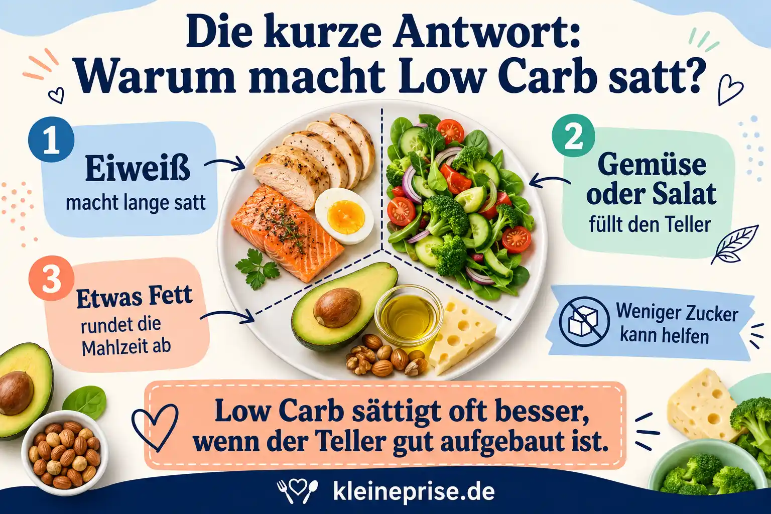 Die kurze Antwort warum macht Low Carb satt Infografik erklärt kurz, warum Low Carb satt machen kann: mehr Eiweiß, mehr Gemüse, weniger Zucker und etwas Fett.
