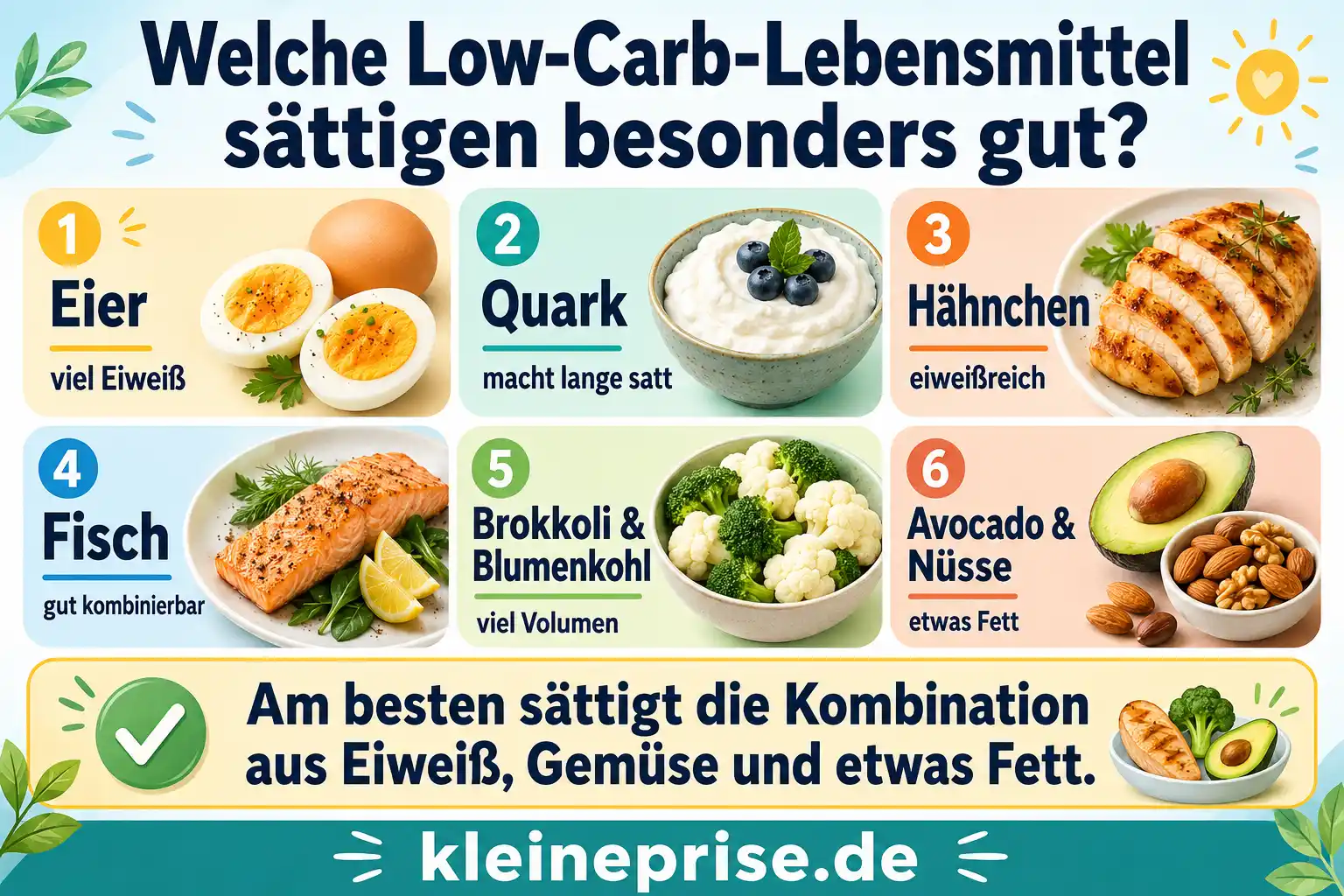 Welche Low Carb Lebensmittel sättigen besonders gut Infografik zeigt sättigende Low-Carb-Lebensmittel wie Eier, Quark, Hähnchen, Fisch, Brokkoli, Blumenkohl, Avocado und Nüsse.