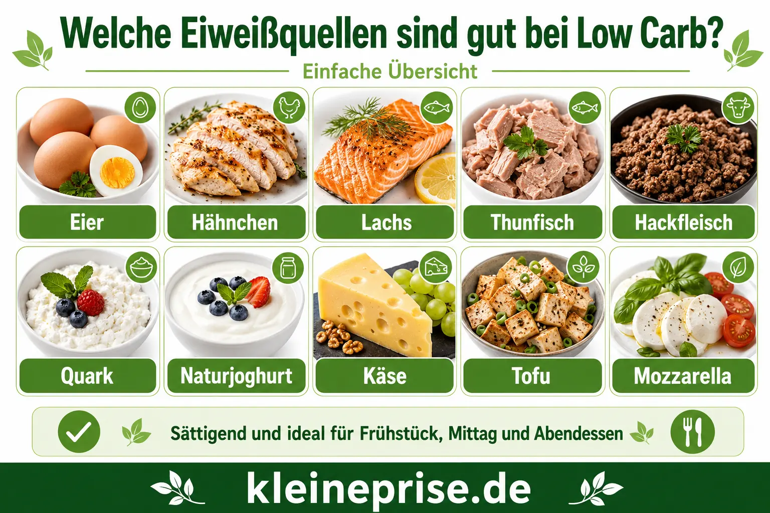 Welche Eiweißquellen sind gut bei Low Carb Infografik Infografik Welche Eiweißquellen sind gut bei Low Carb mit Eiern, Hähnchen, Lachs, Thunfisch, Hackfleisch, Quark, Naturjoghurt, Käse, Tofu und Mozzarella