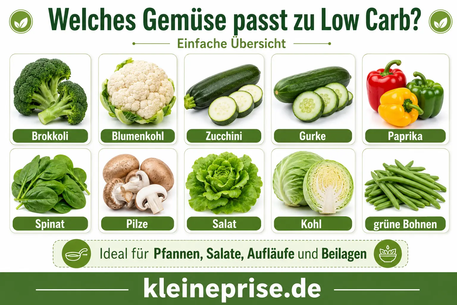 Welches Gemüse passt zu Low Carb Infografik Infografik Welches Gemüse passt zu Low Carb mit Brokkoli, Blumenkohl, Zucchini, Gurke, Paprika, Spinat, Pilzen, Salat, Kohl und grünen Bohnen