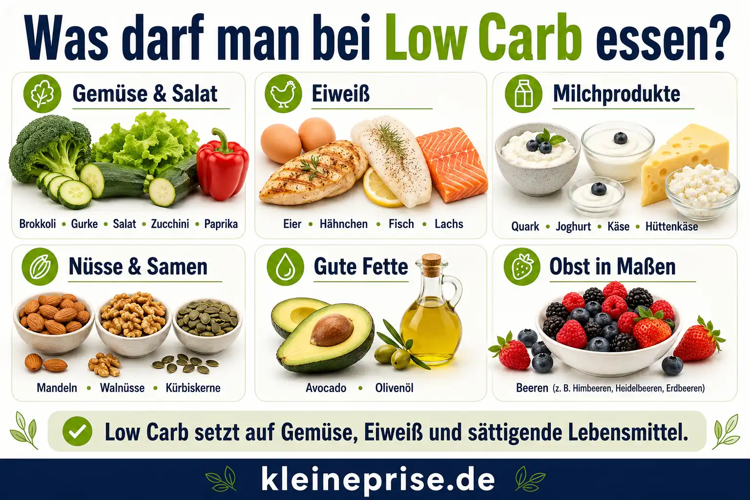 Was darf man bei Low Carb essen Infografik Infografik Was darf man bei Low Carb essen mit Gemüse Eiweiß Milchprodukten Nüssen guten Fetten und Beeren