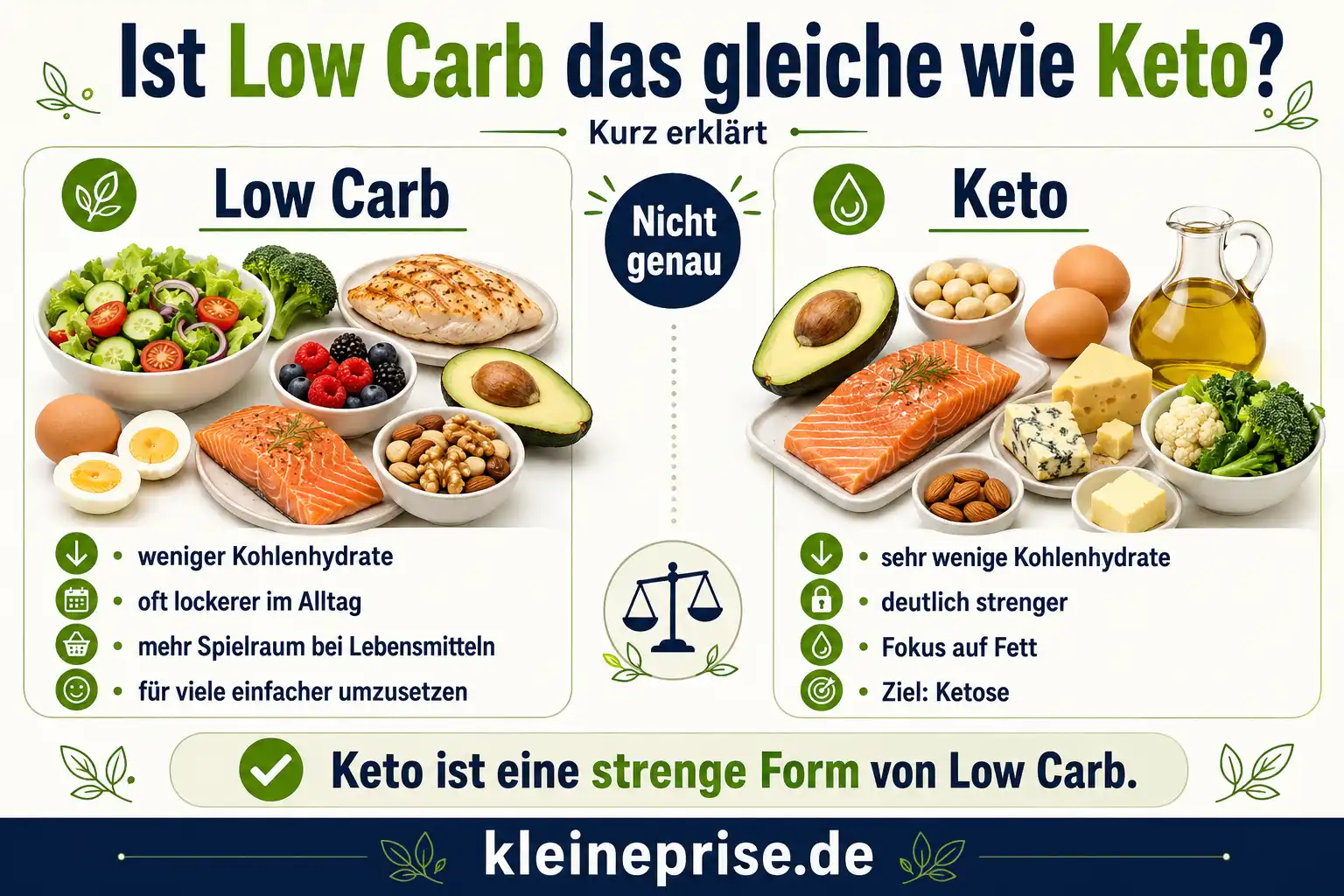 Ist Low Carb das gleiche wie Keto Infografik Infografik Ist Low Carb das gleiche wie Keto mit Vergleich von Low Carb und Keto Lebensmitteln