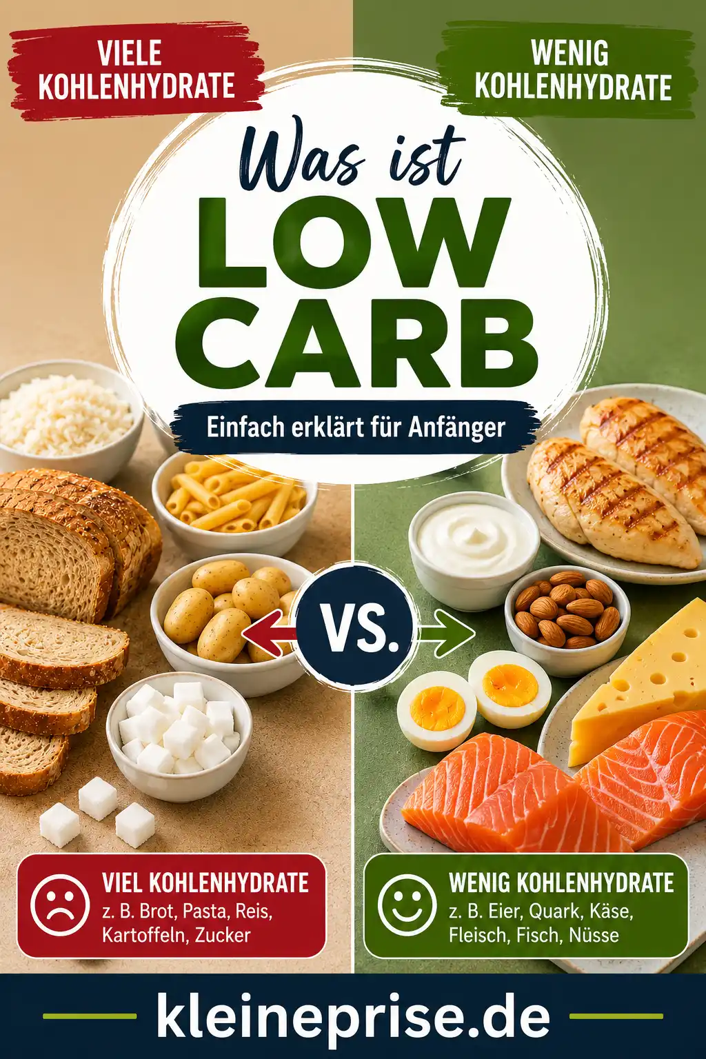Was ist Low Carb Pinterest Grafik Pinterest Grafik Was ist Low Carb mit Vergleich von vielen und wenigen Kohlenhydraten